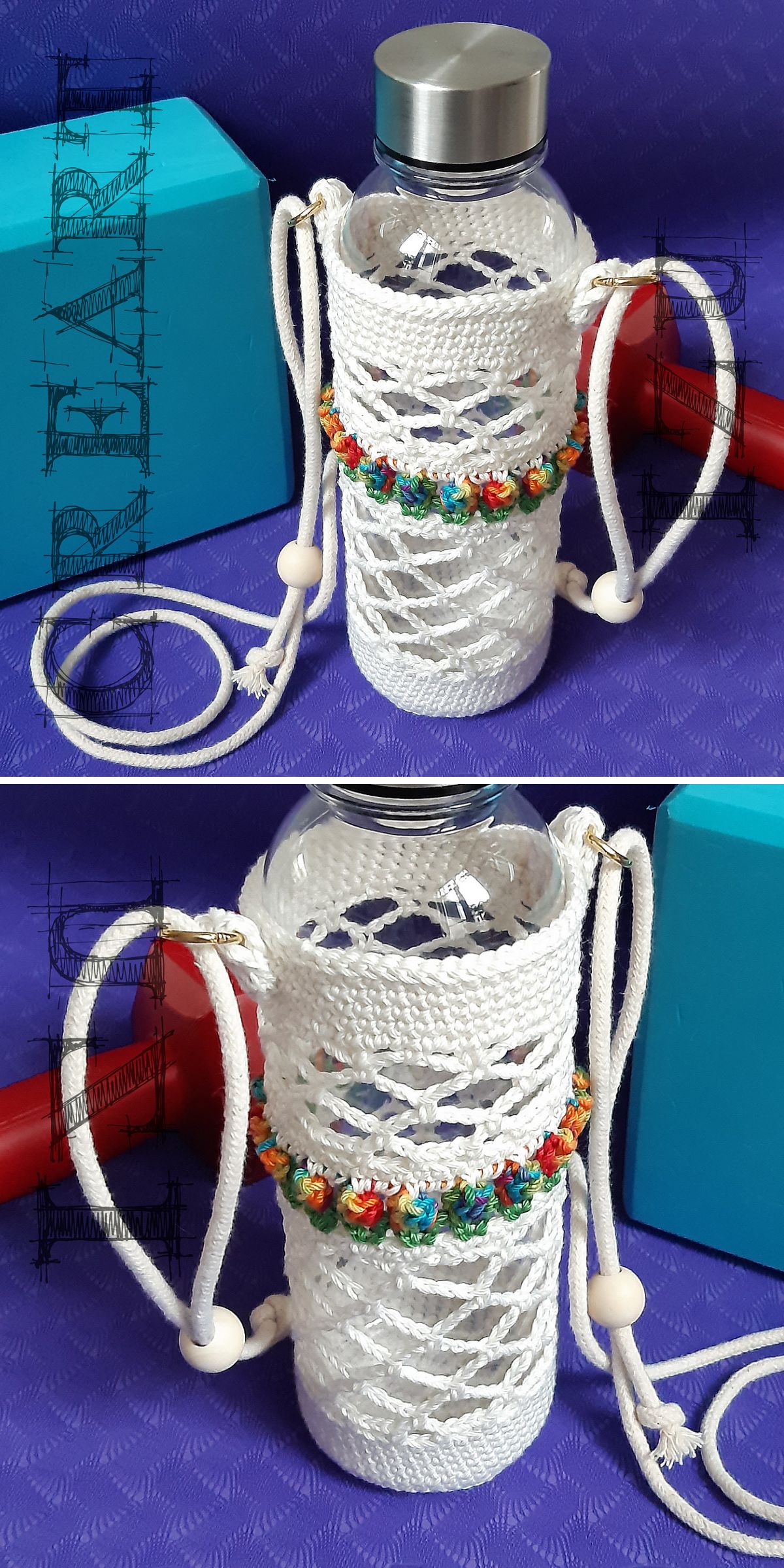 a mesh crochet bottle holder with a row of colorful tulips