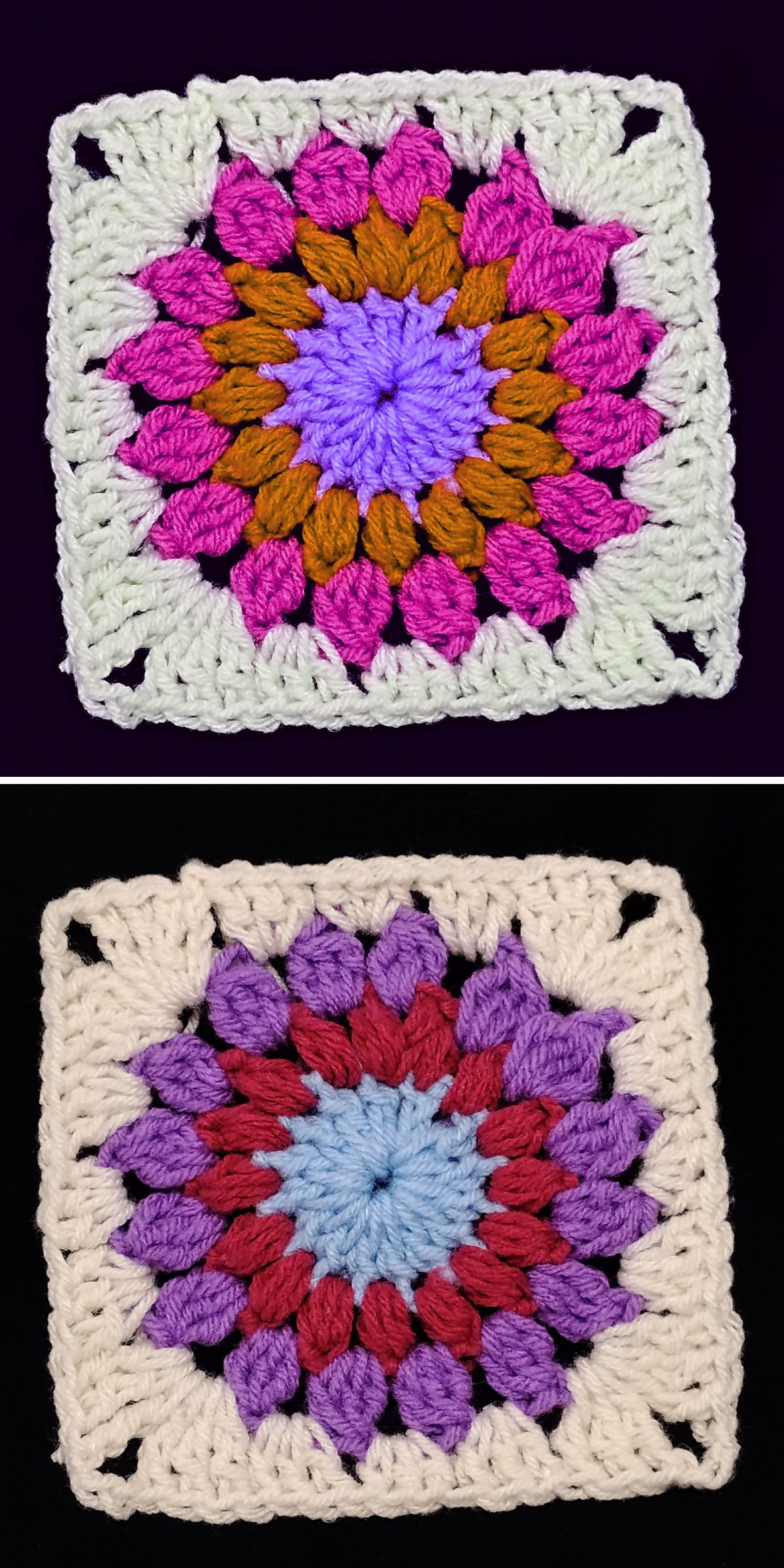 a handmade granny square with a vibrant flower center