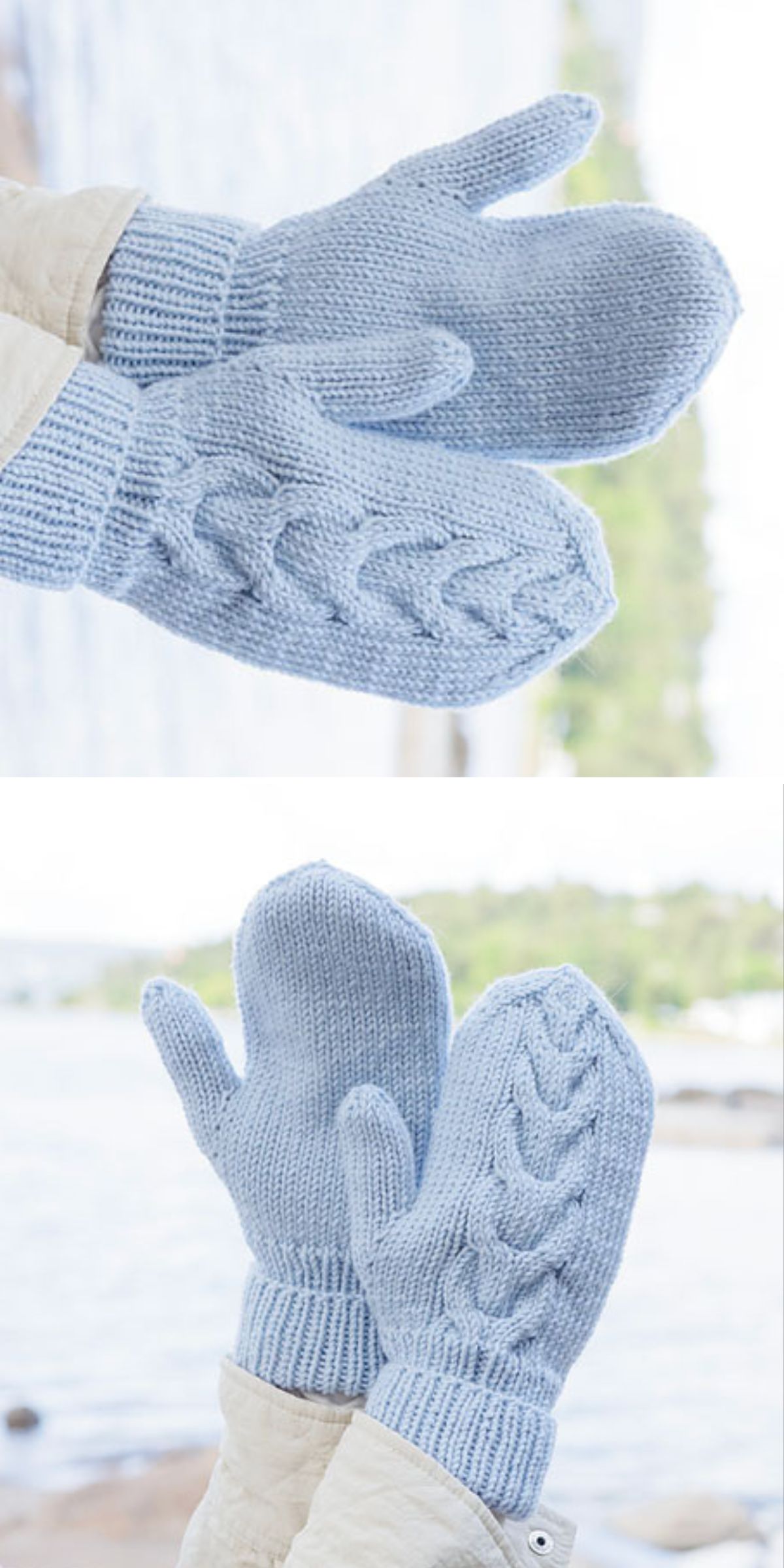 thick knitted mittens with cable detailing in a light blue color