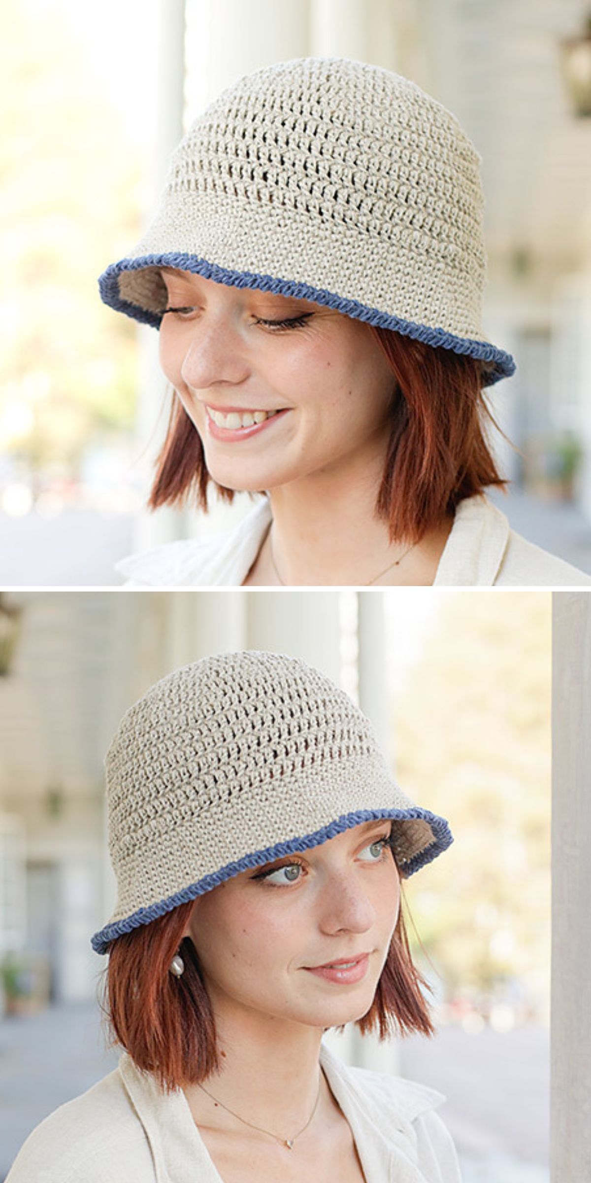 a simple crochet bucket hat in a neutral shade and a blue brim border