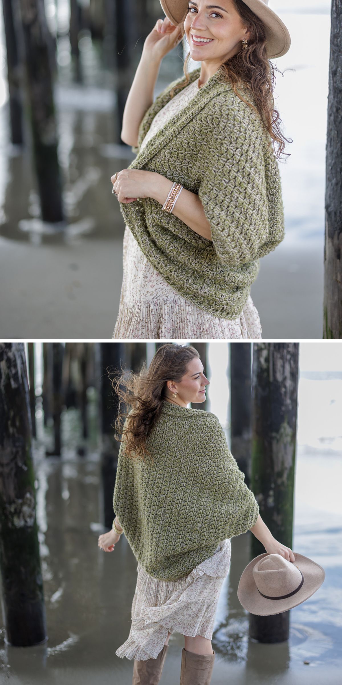 an oversized crochet bolero in a light green color