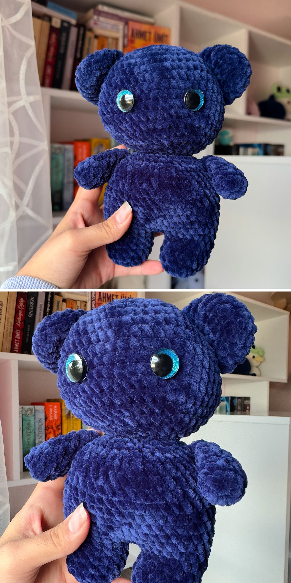 a blue big crochet teddy bear made with soft velvet yarn