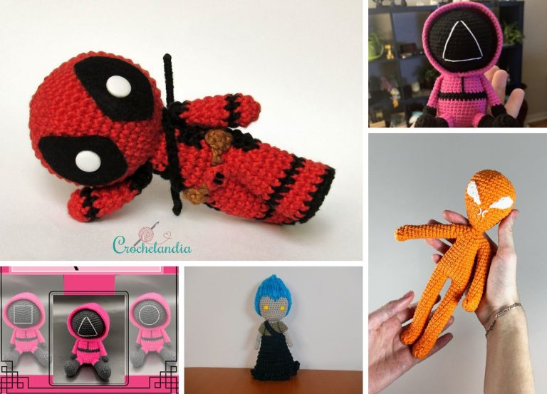 a group of crochet doll amigurumi