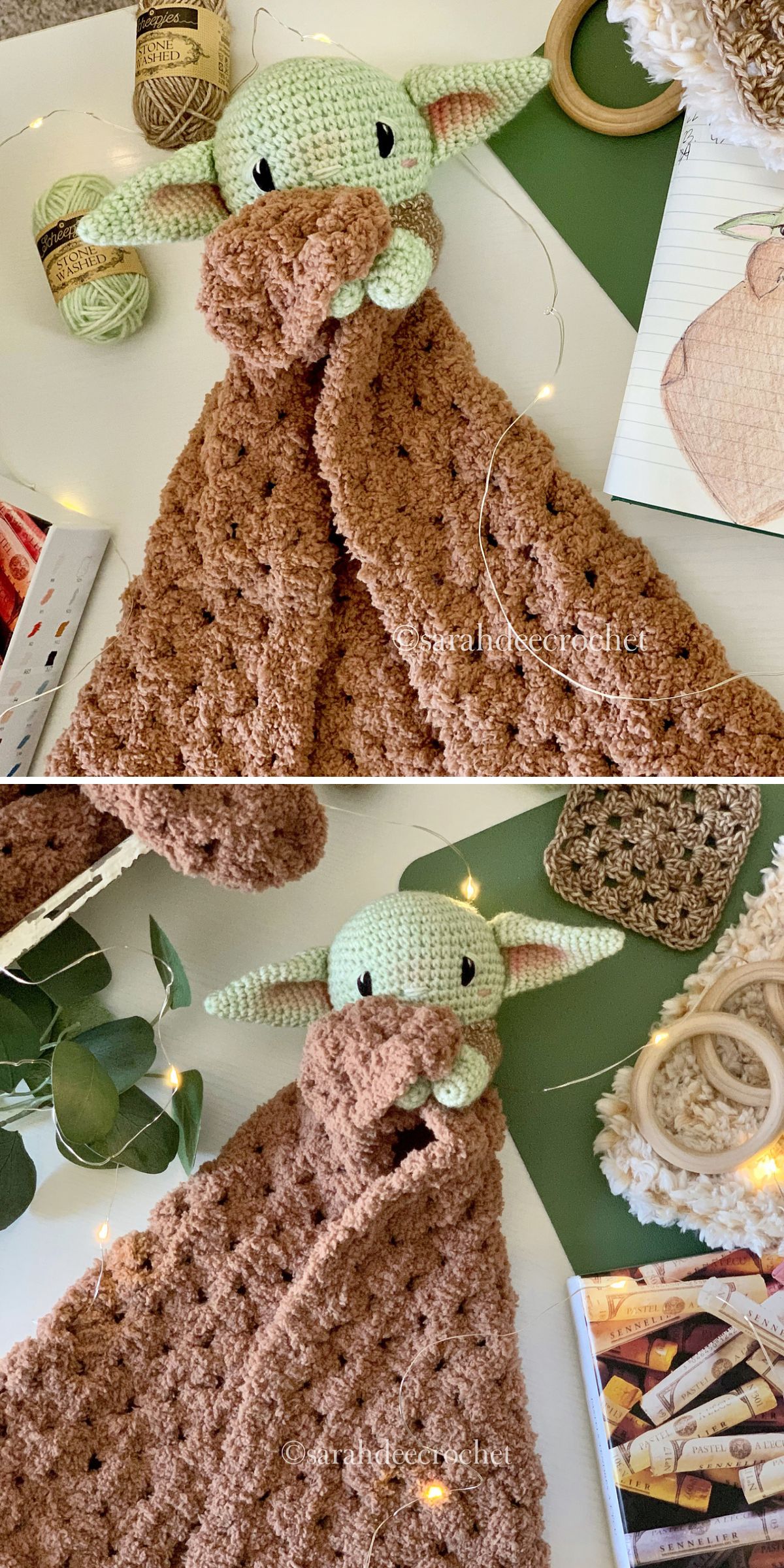 a crochet lovey with baby Yoda arms and face