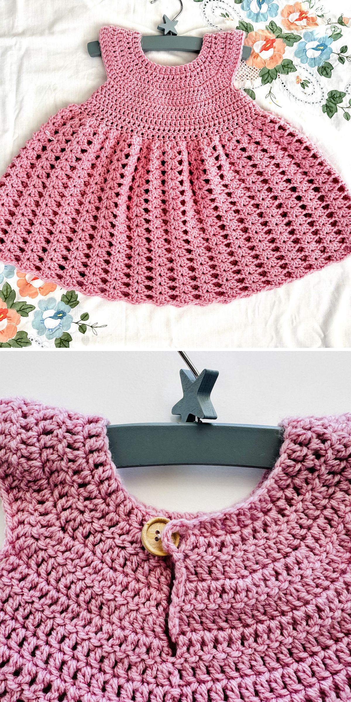 a beautiful crochet baby dress in a pink color