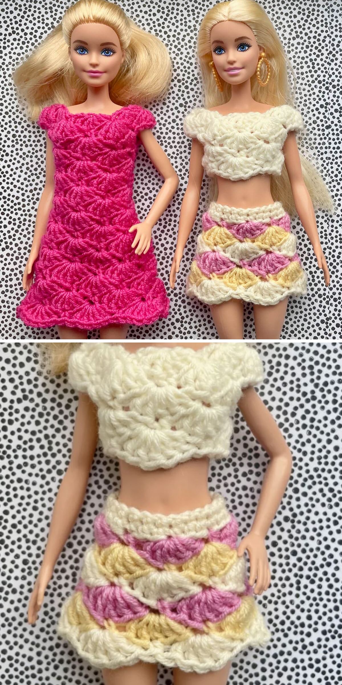 crochet Barbie doll outfits made with shell stitches: a dress and a top-skirt set