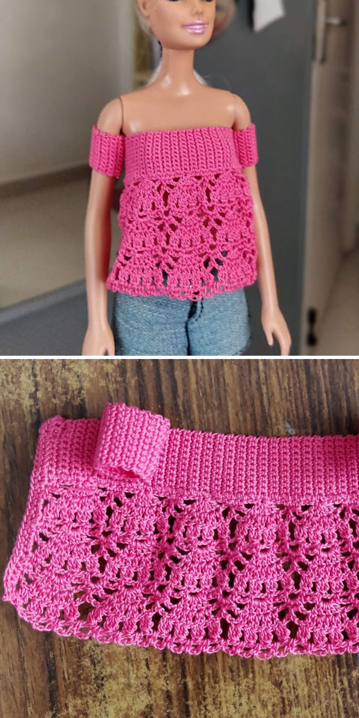 a pink crocheted top for Barbie dolls with la ace design 