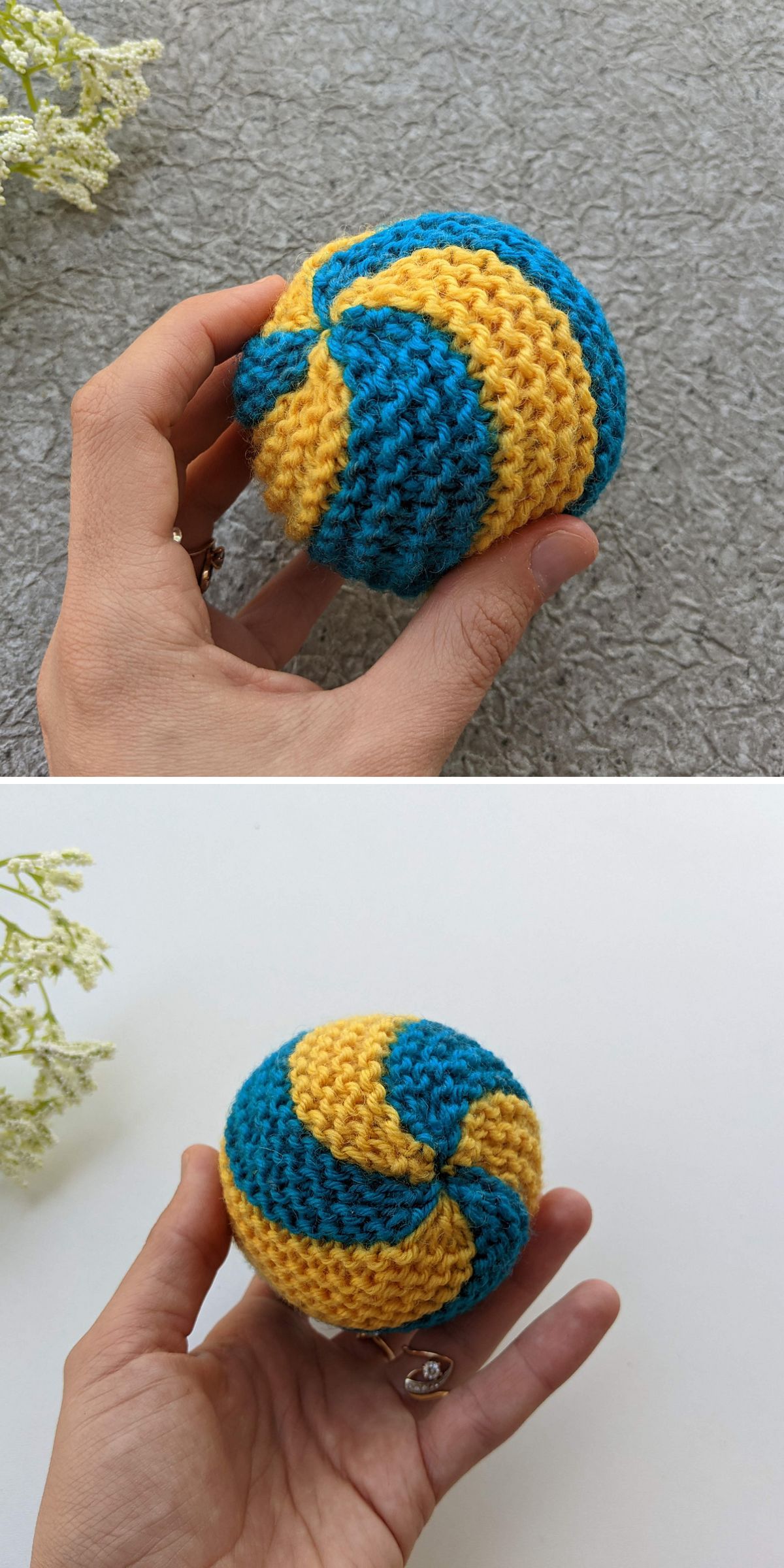 a colorful knitted ball for cat featuring a  yellow and blue stripes spiral design