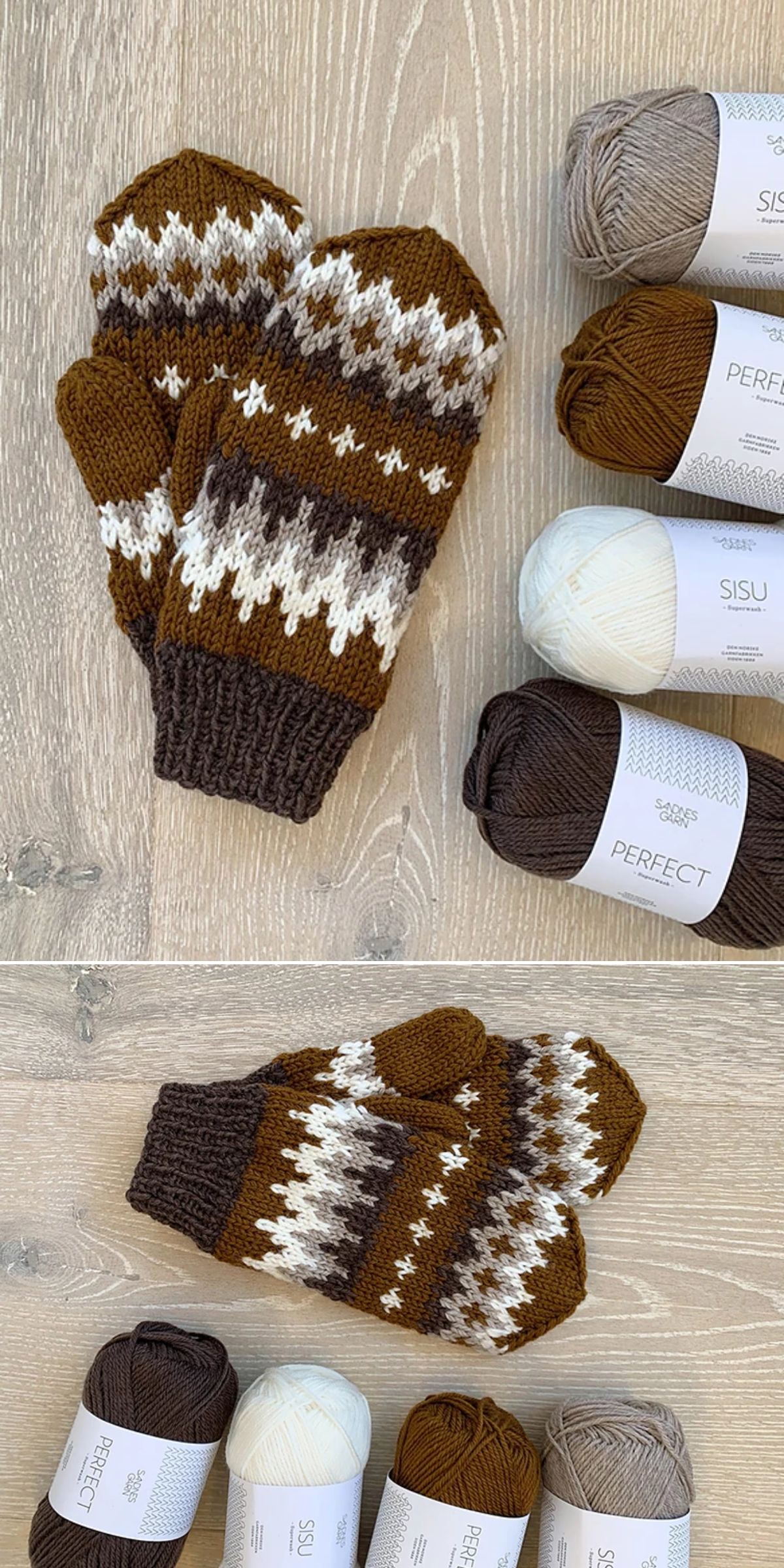 brown knit mittens with geometric motifs in contrasting colors