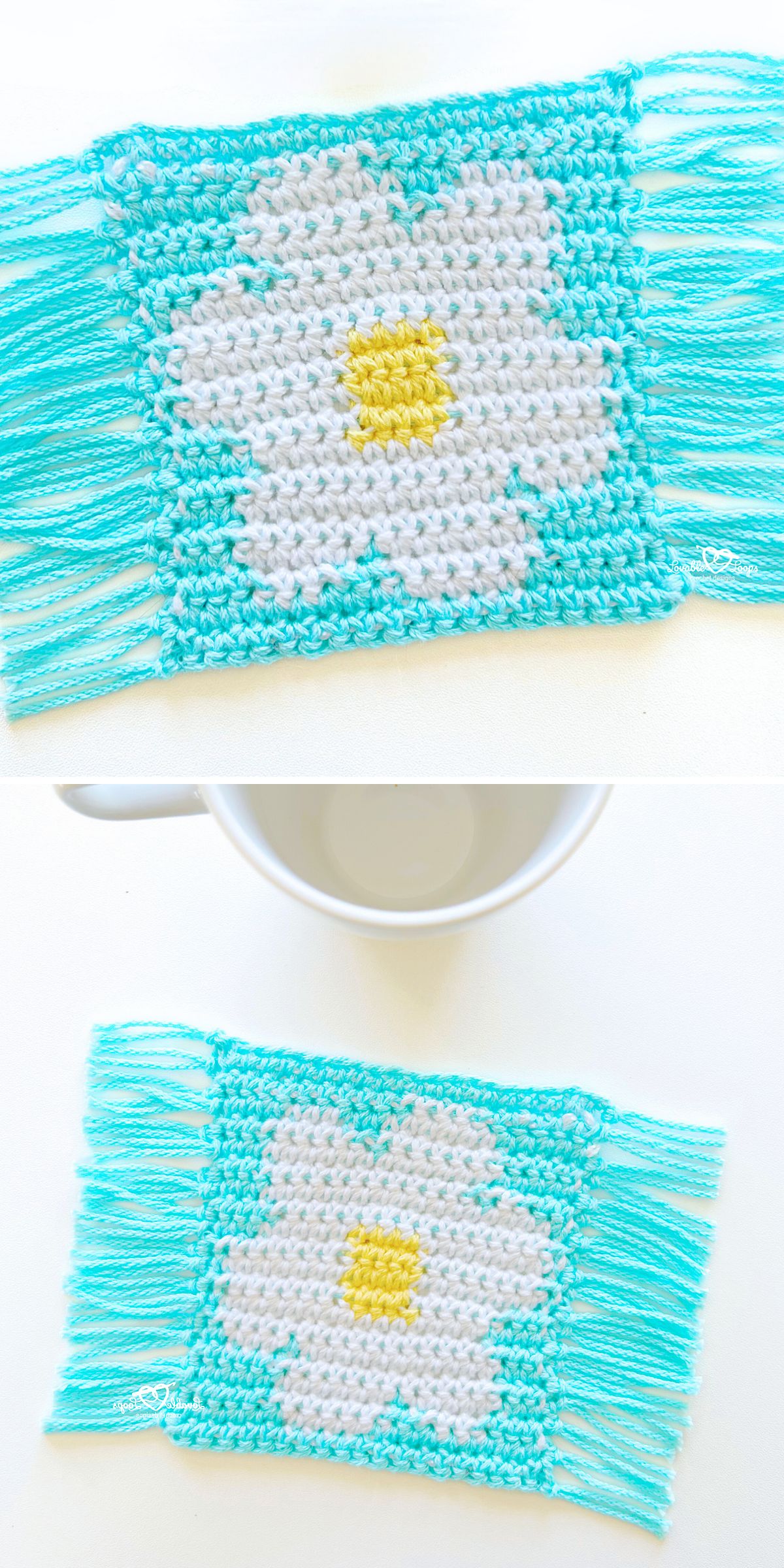 a square crochet coaster in a bright blue color featuring a large daisy motif and side tassels