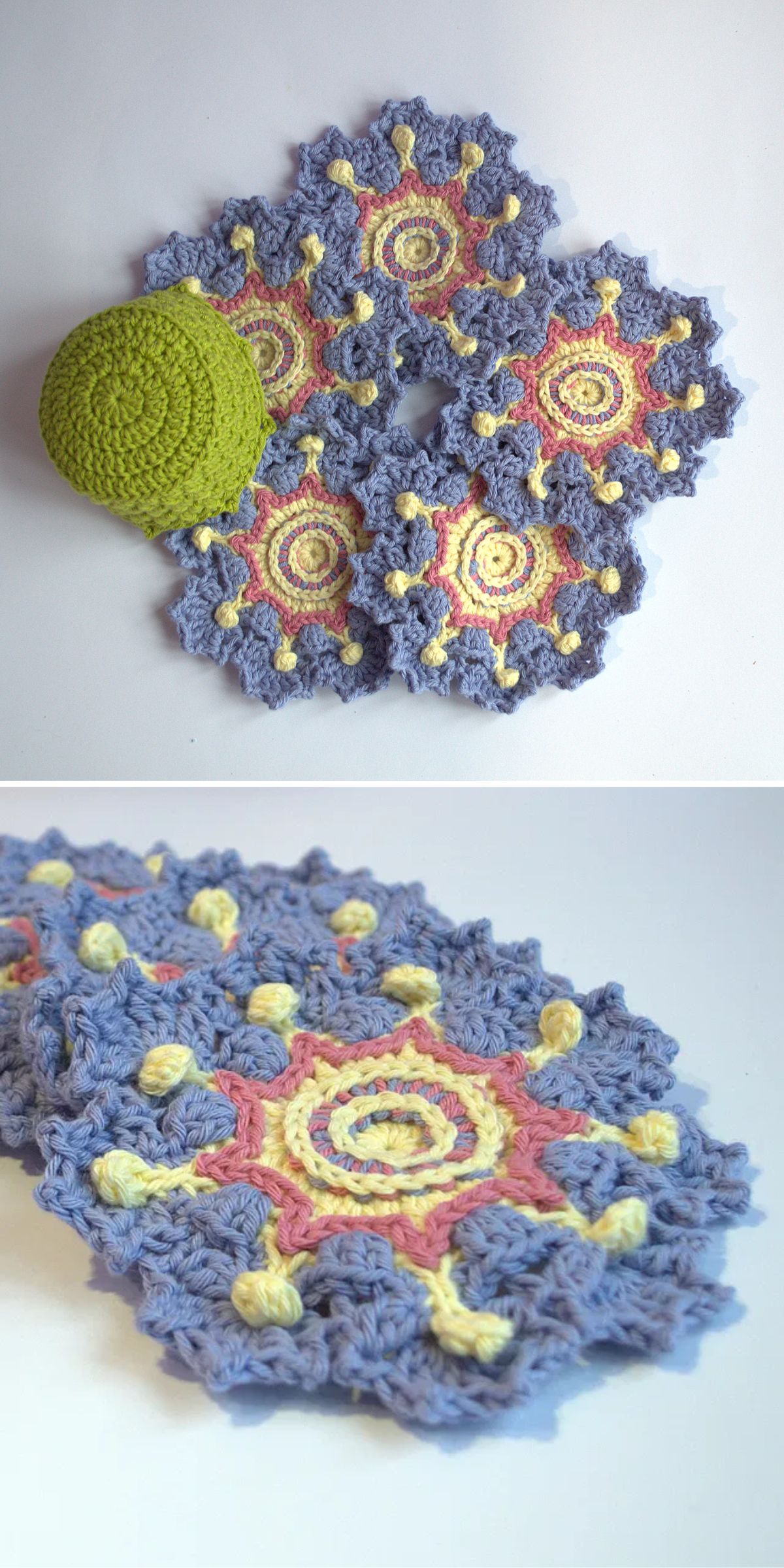 a set of crochet coasters featuring a textural flower design
