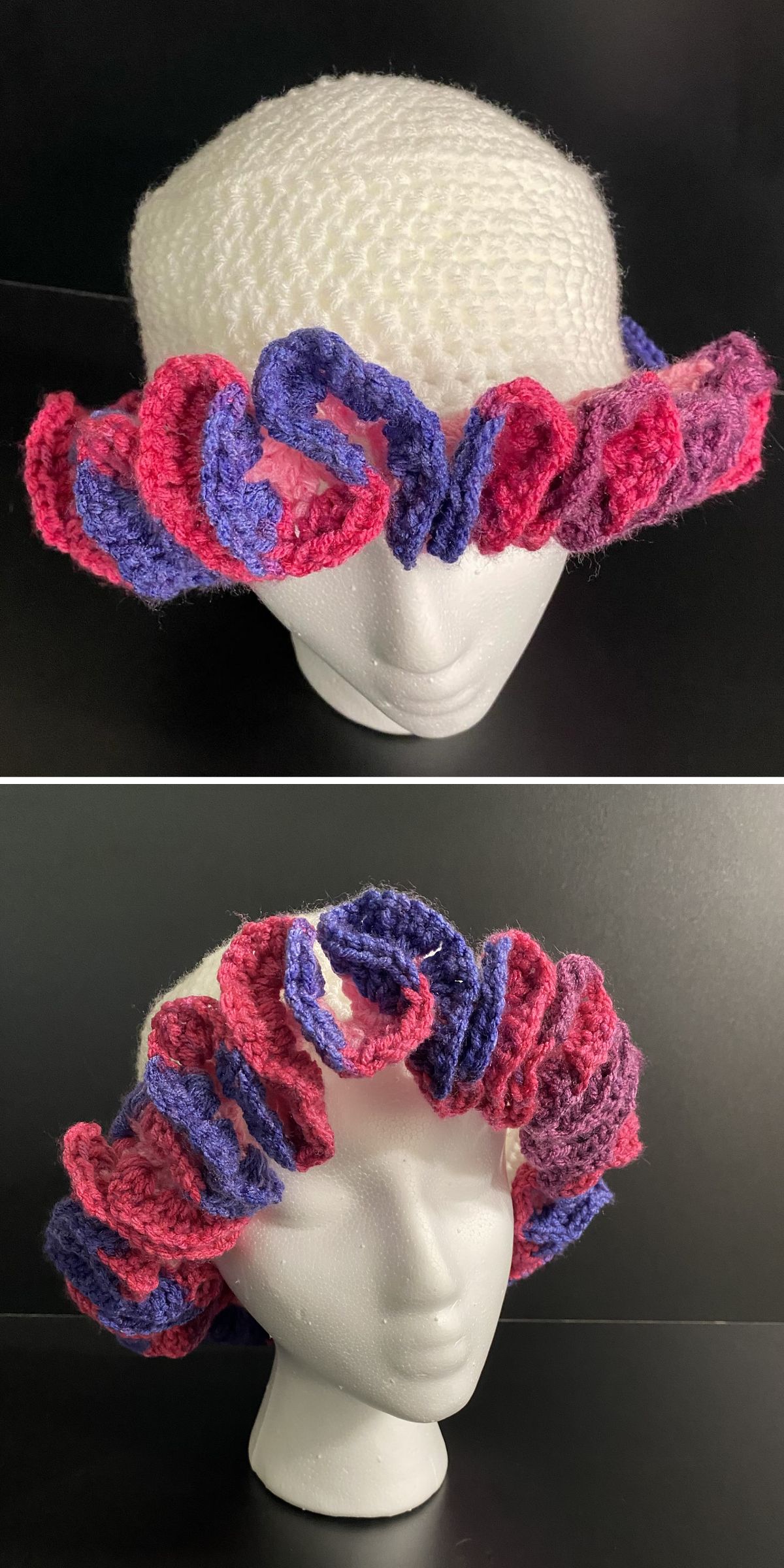 a crochet bucket hat with a white crown and a bold ruffled brim