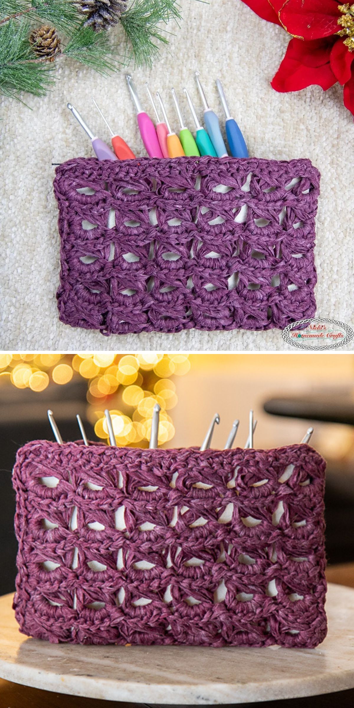 A purple crocheted pouch with an open lace pattern serves as a stylish crochet organizer, holding colorful crochet hooks and displayed on various backgrounds with decorative elements.