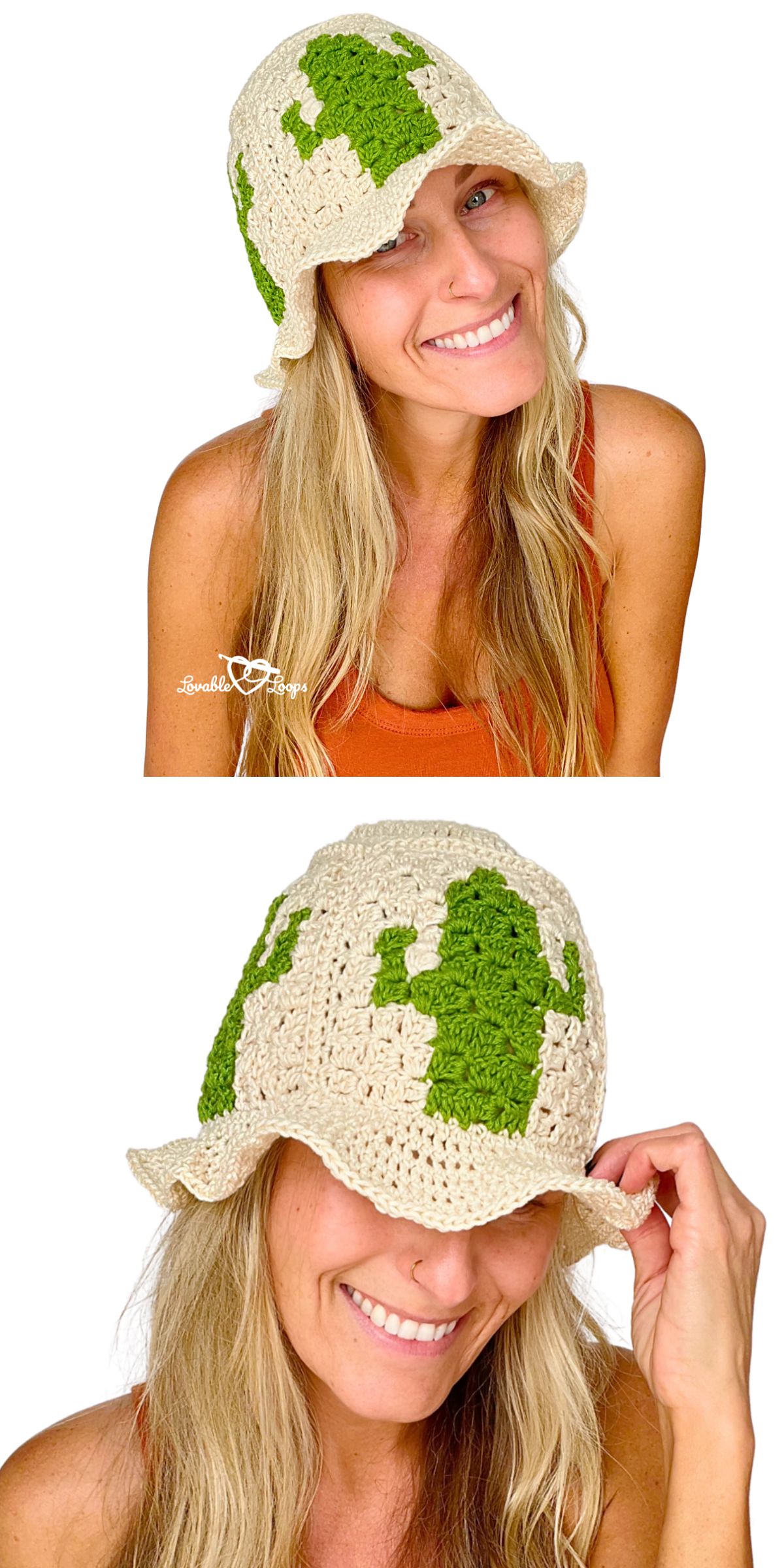 a crochet bucket hat made of squares with a cactus motif