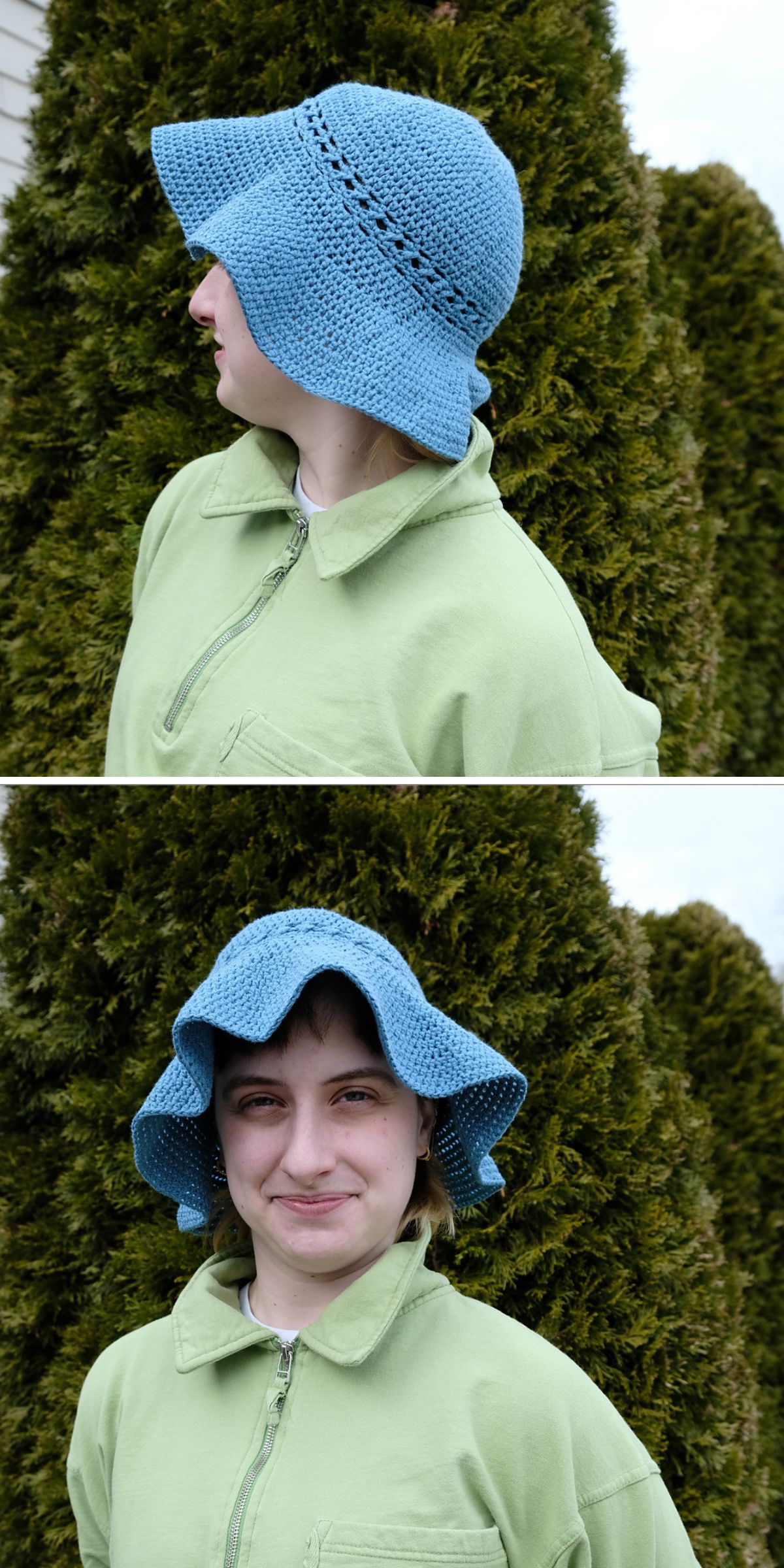 a blue crochet bucket hat 