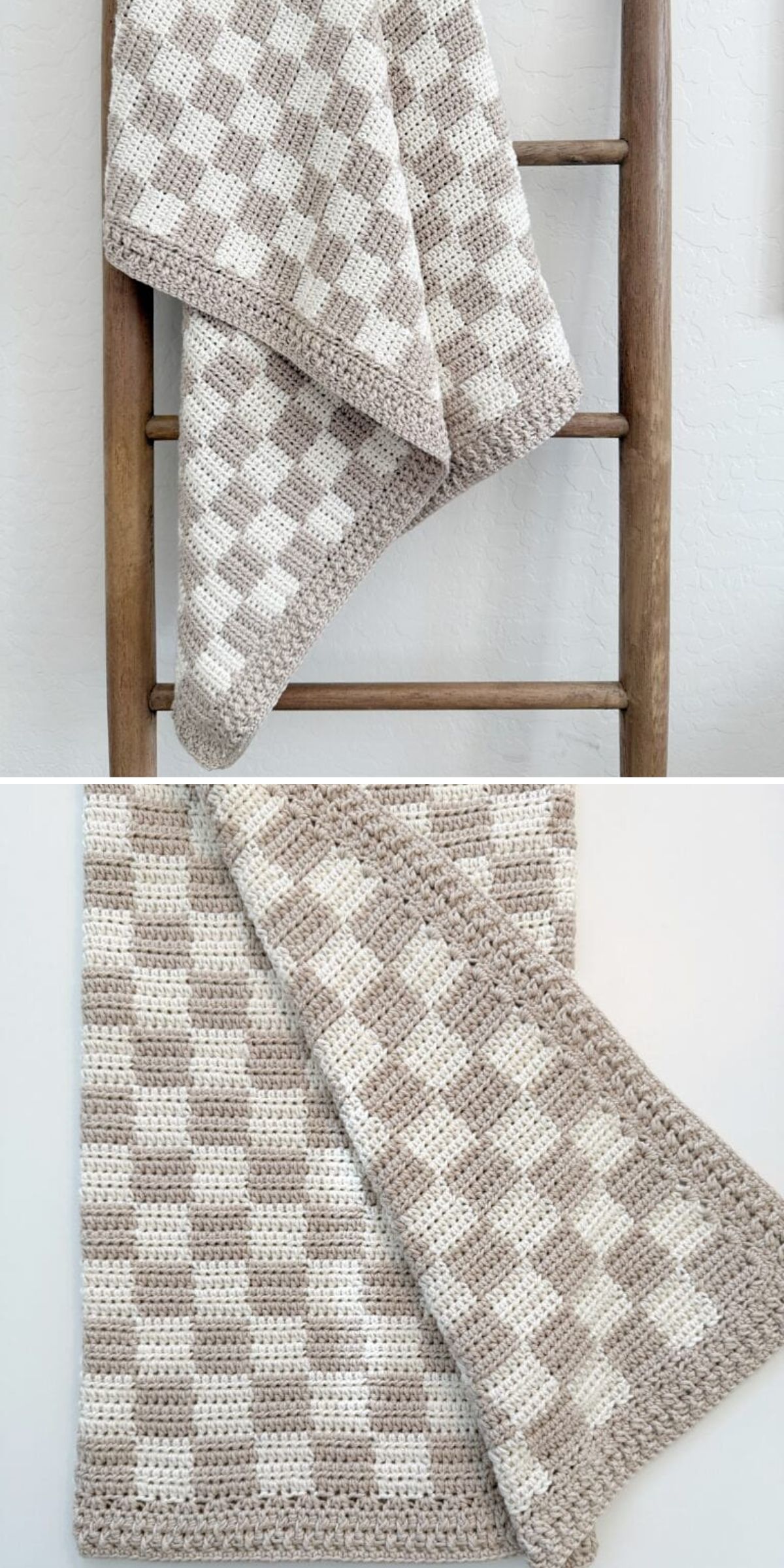 A crocheted blanket with a beige and white checkered design, inspired by the plaid crochet blanket pattern, is draped over a wooden ladder and displayed flat on a white surface.