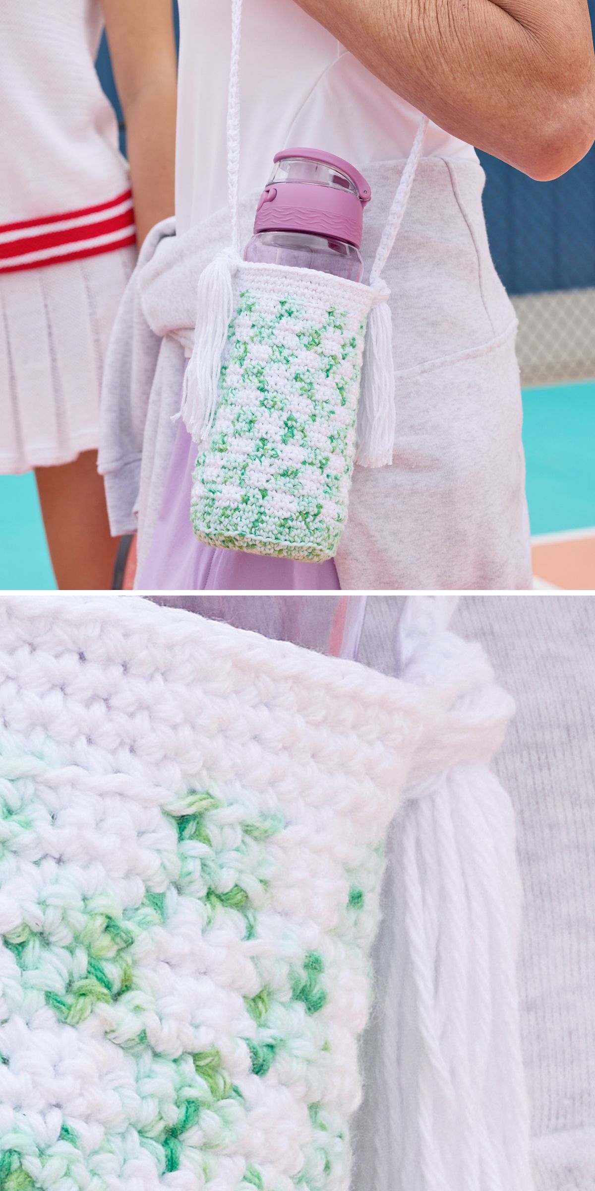 a crochet bottle holder featuring a delicate checkered design in white and green