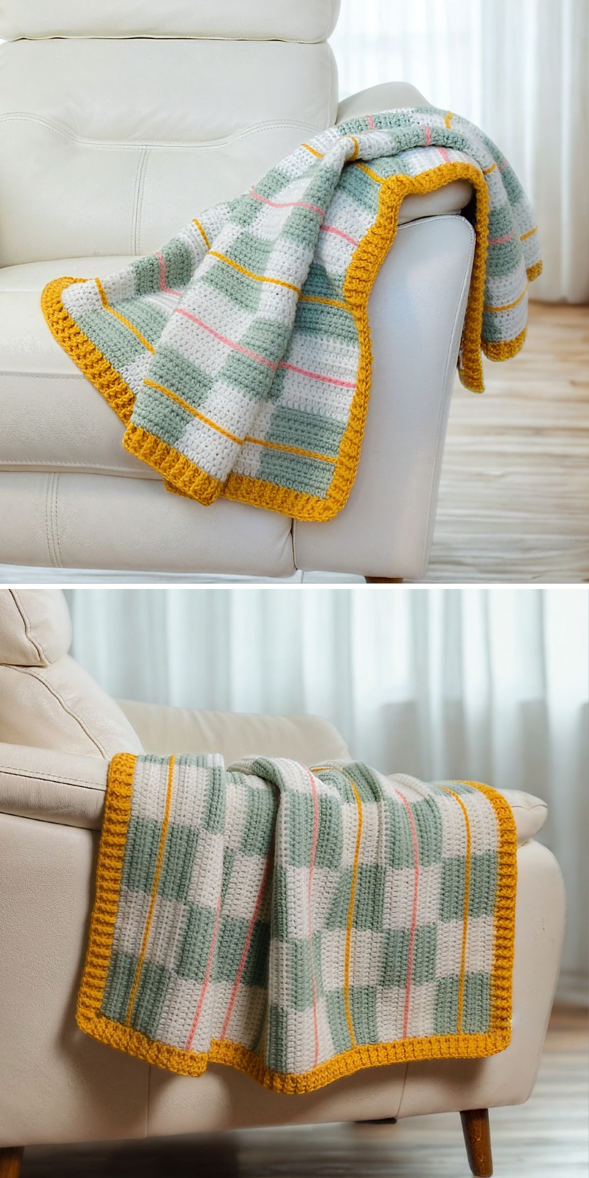 A plaid crochet blanket pattern features green, pink, and white stripes with a yellow border, beautifully draped over the arm of a white sofa.