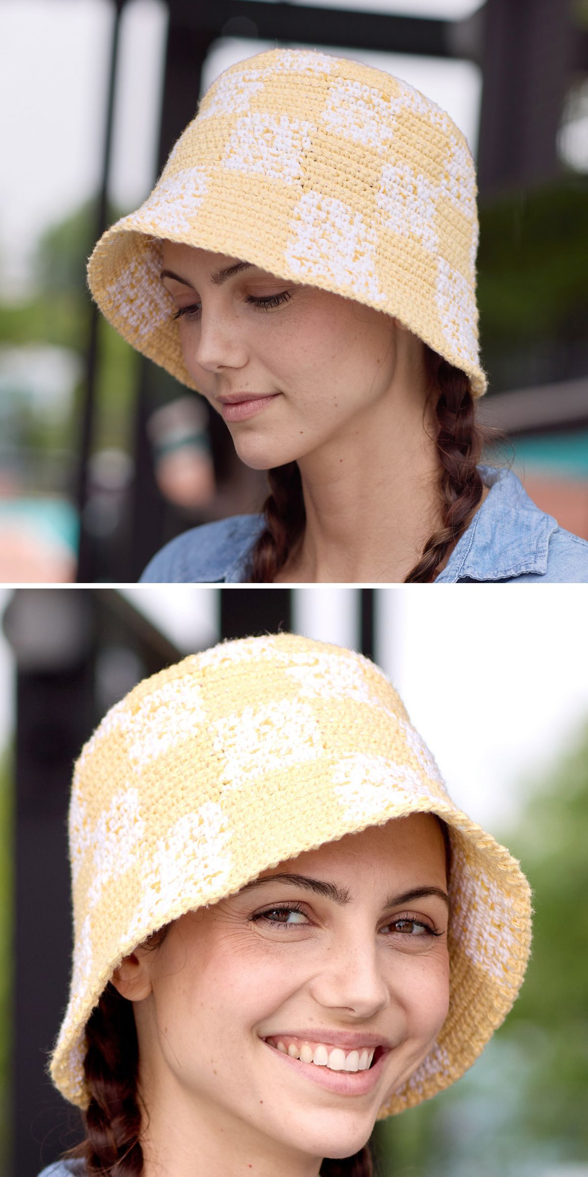 a checkered crochet bucket hat in light colors