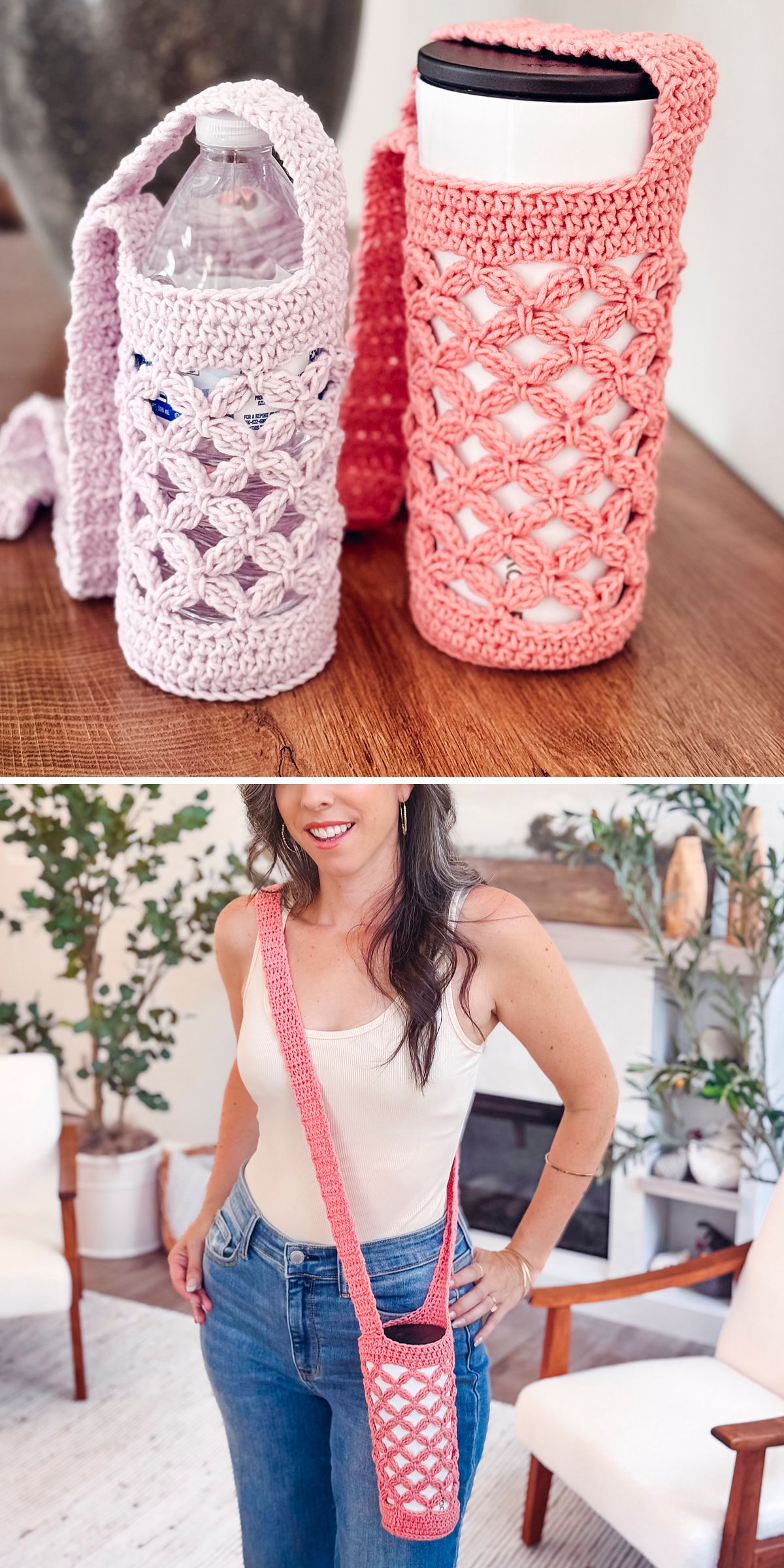two crochet bottle holders with a mesh pattern resembling linked flowers
