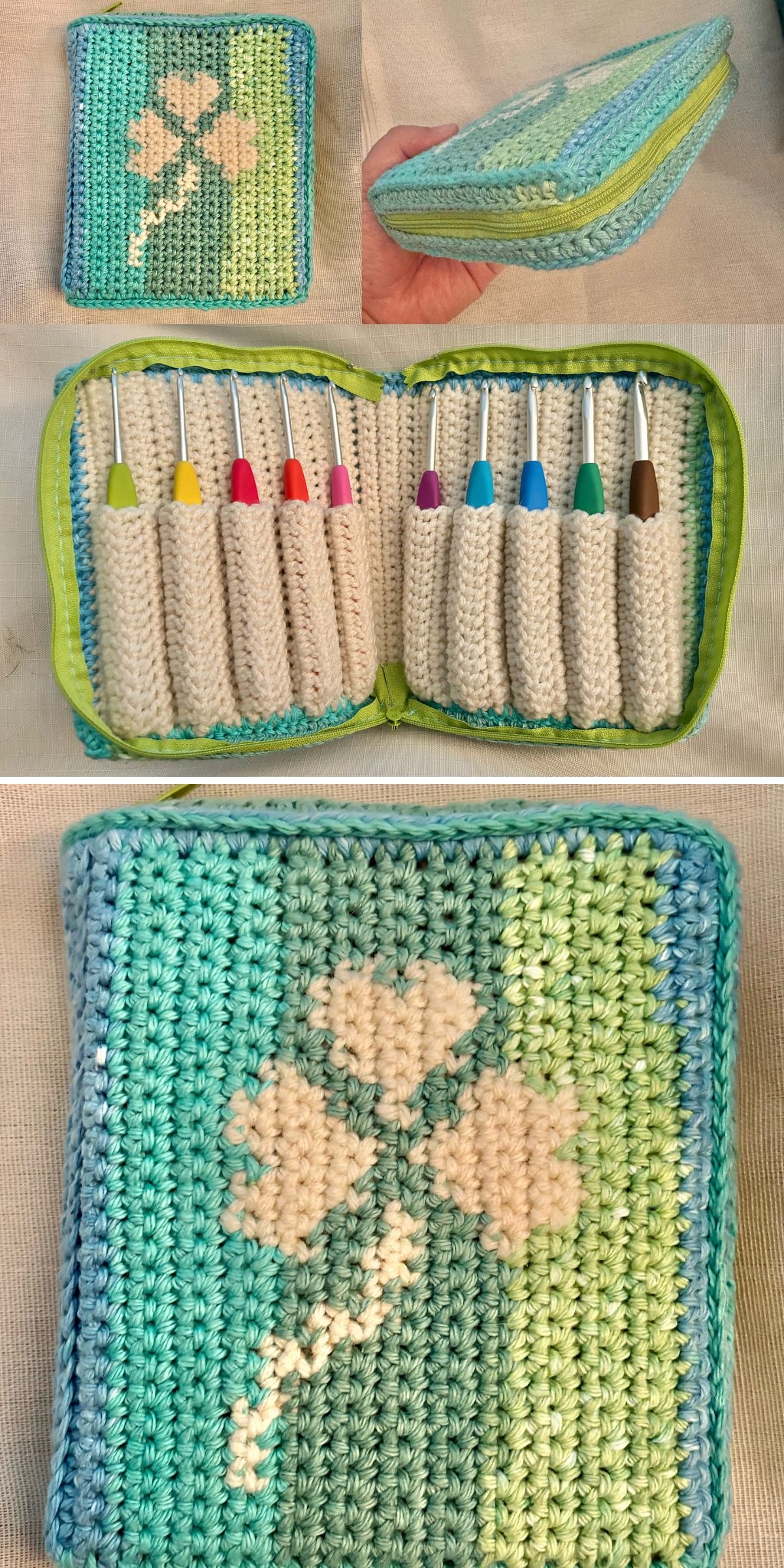A crocheted zippered crochet organizer with a four-leaf clover design, holding eight crochet hooks in individual slots, shown from multiple angles.