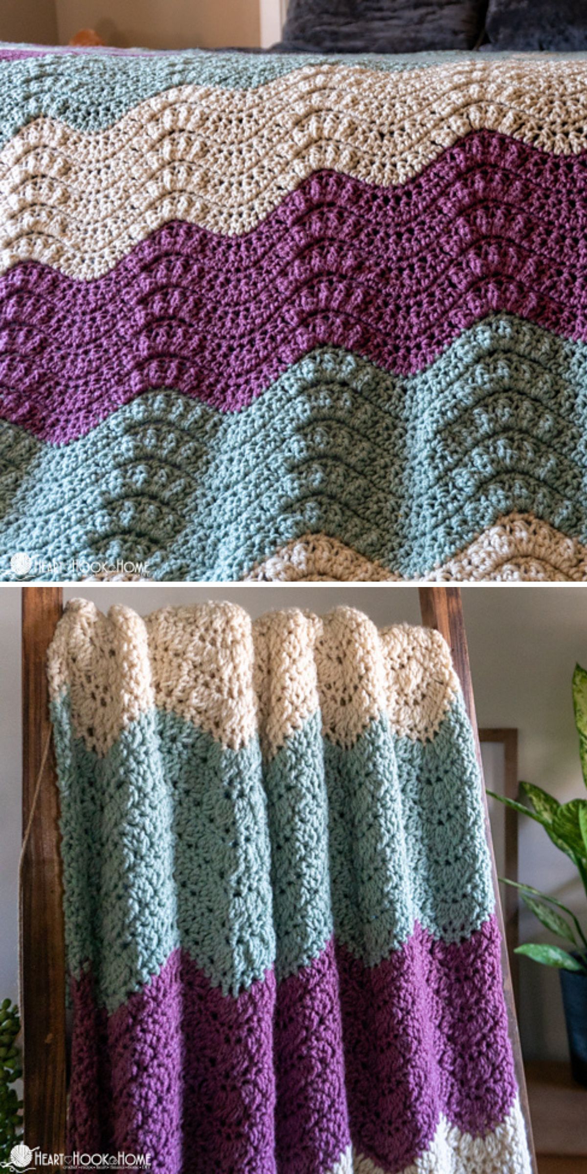a crochet blanket featuring a colorful ripple design