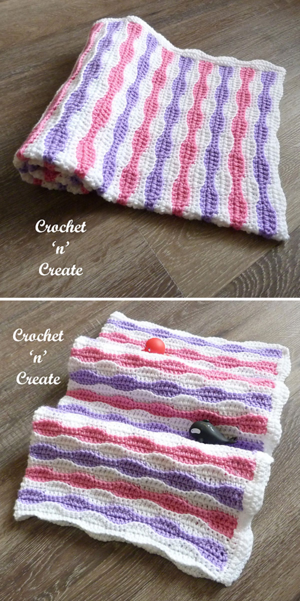 a crochet blanket with wavy stripes in pink, purple and white