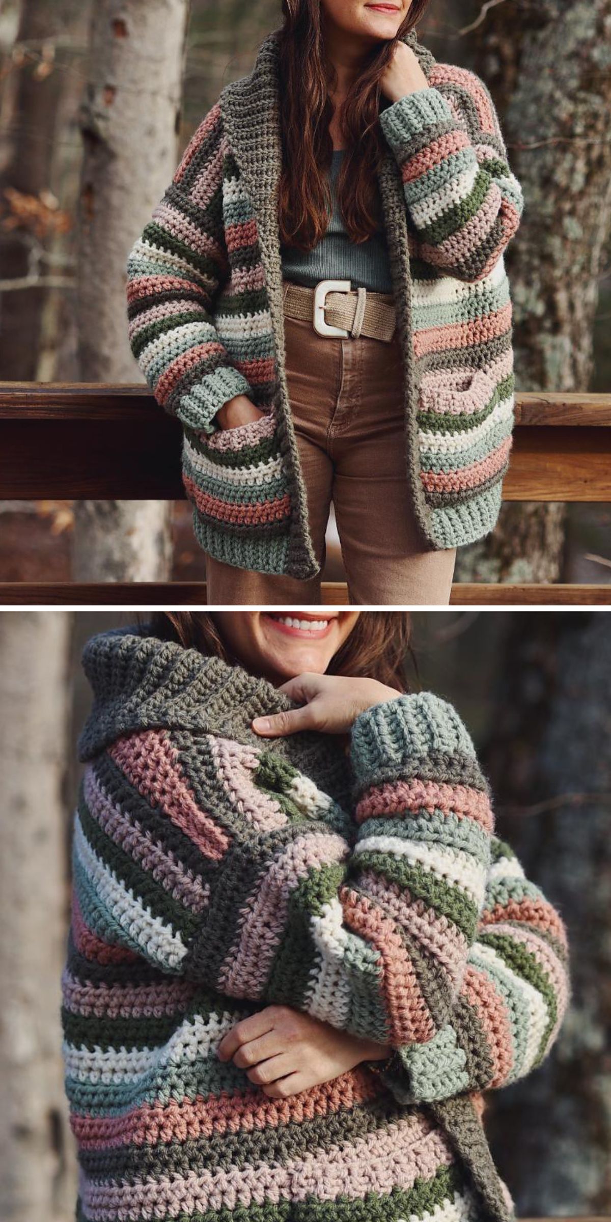 A woman outdoors wears a bulky crochet cardigan in green, pink, and gray stripes over a belted outfit. She stands by a wooden railing in a forest setting, showcasing the cozy style of the crochet cardigan.
