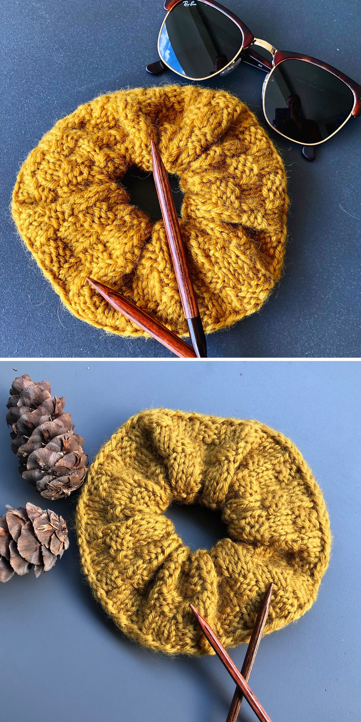 a yellow knitted hair scrunchie