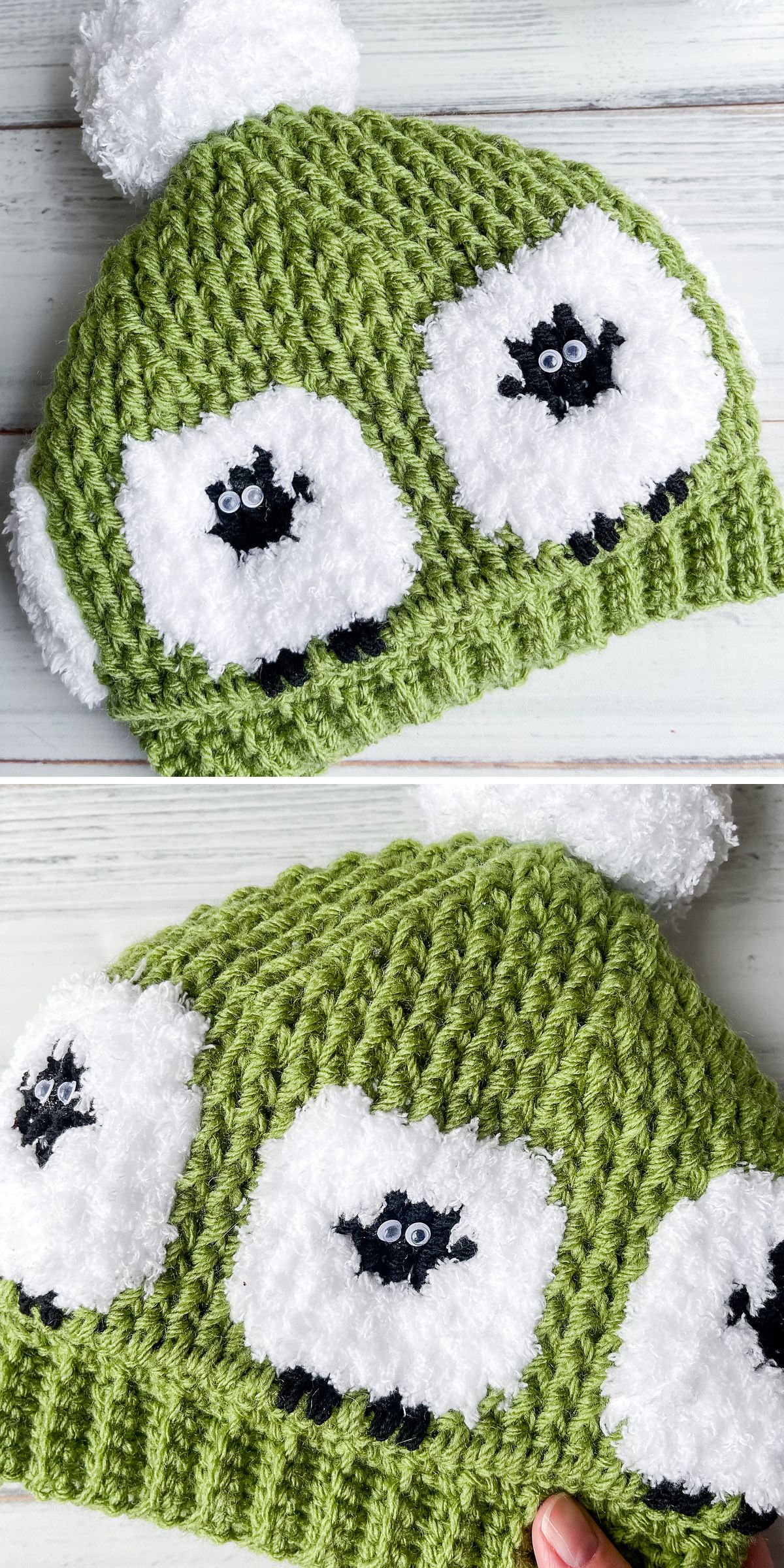 a green crochet beanie with fluffy sheep stitched squares