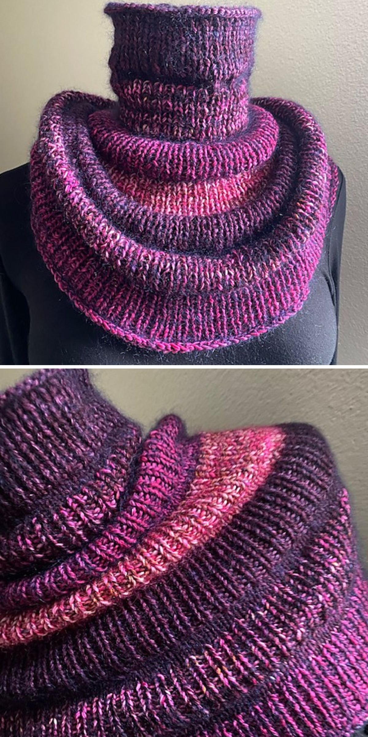 a knitted cowl in a purple ombre palette