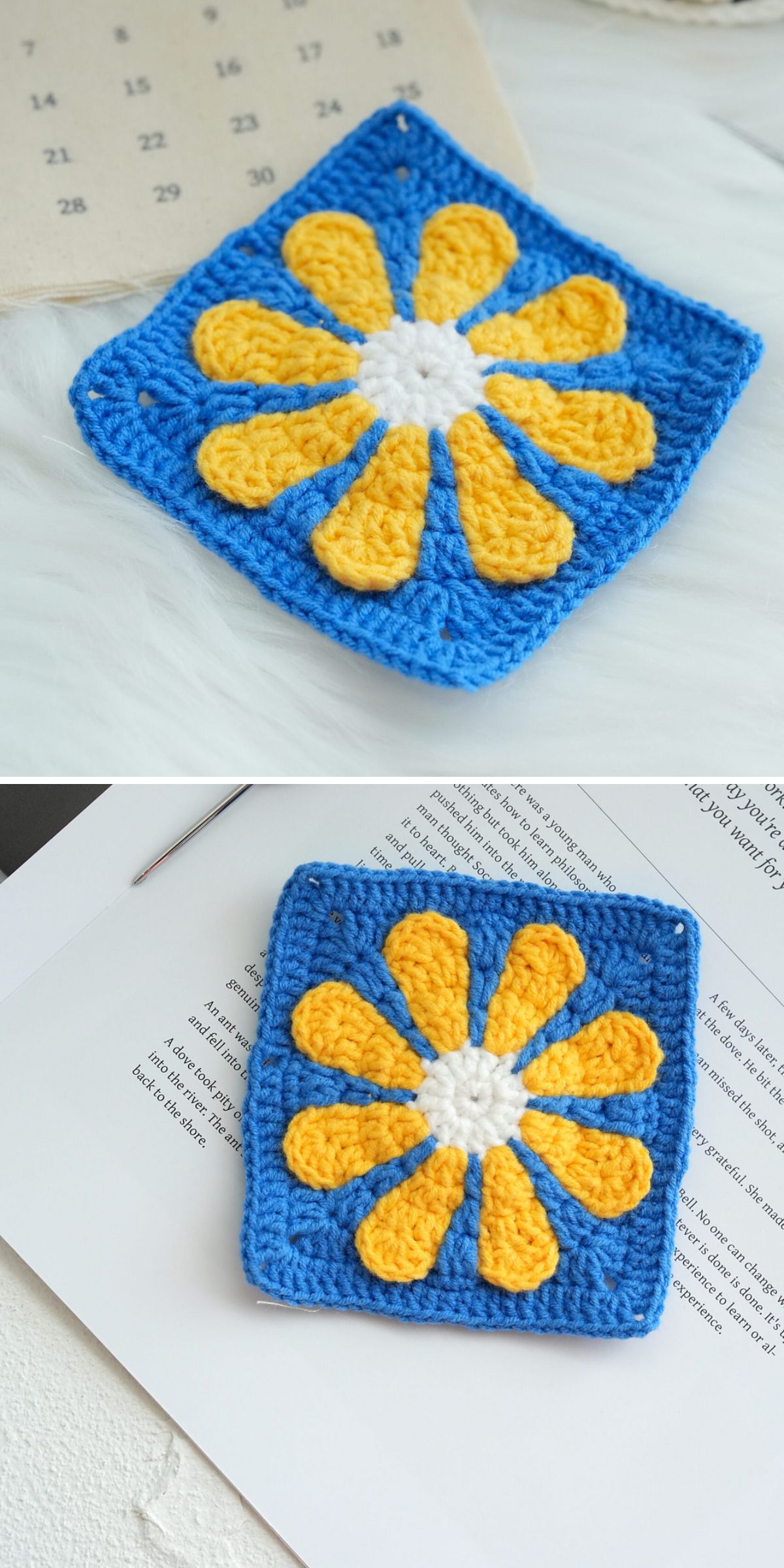 a blue crochet square featuring a vibrant yellow daisy