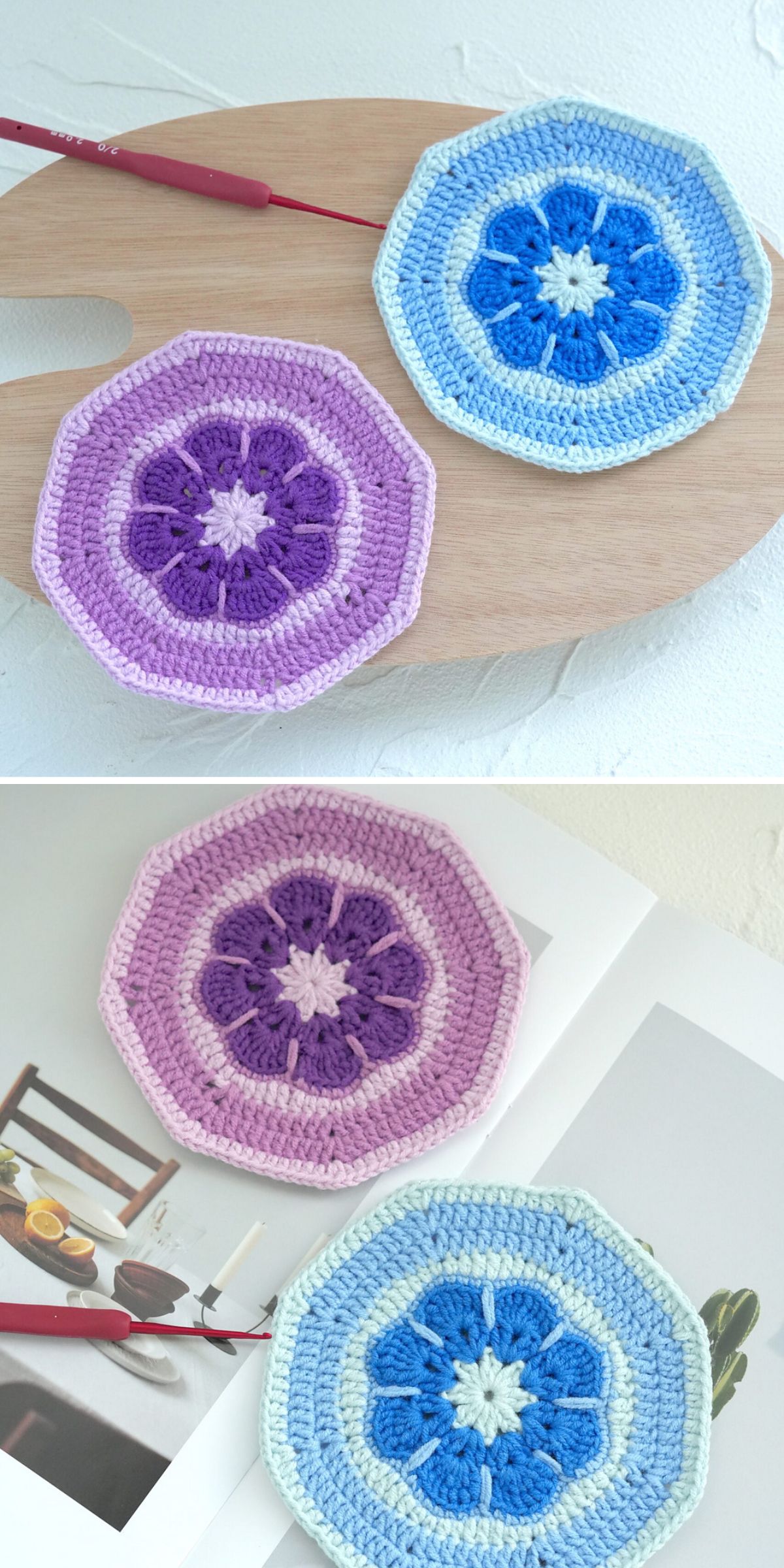 octagon-shaped crochet granny squares with african flower motifs