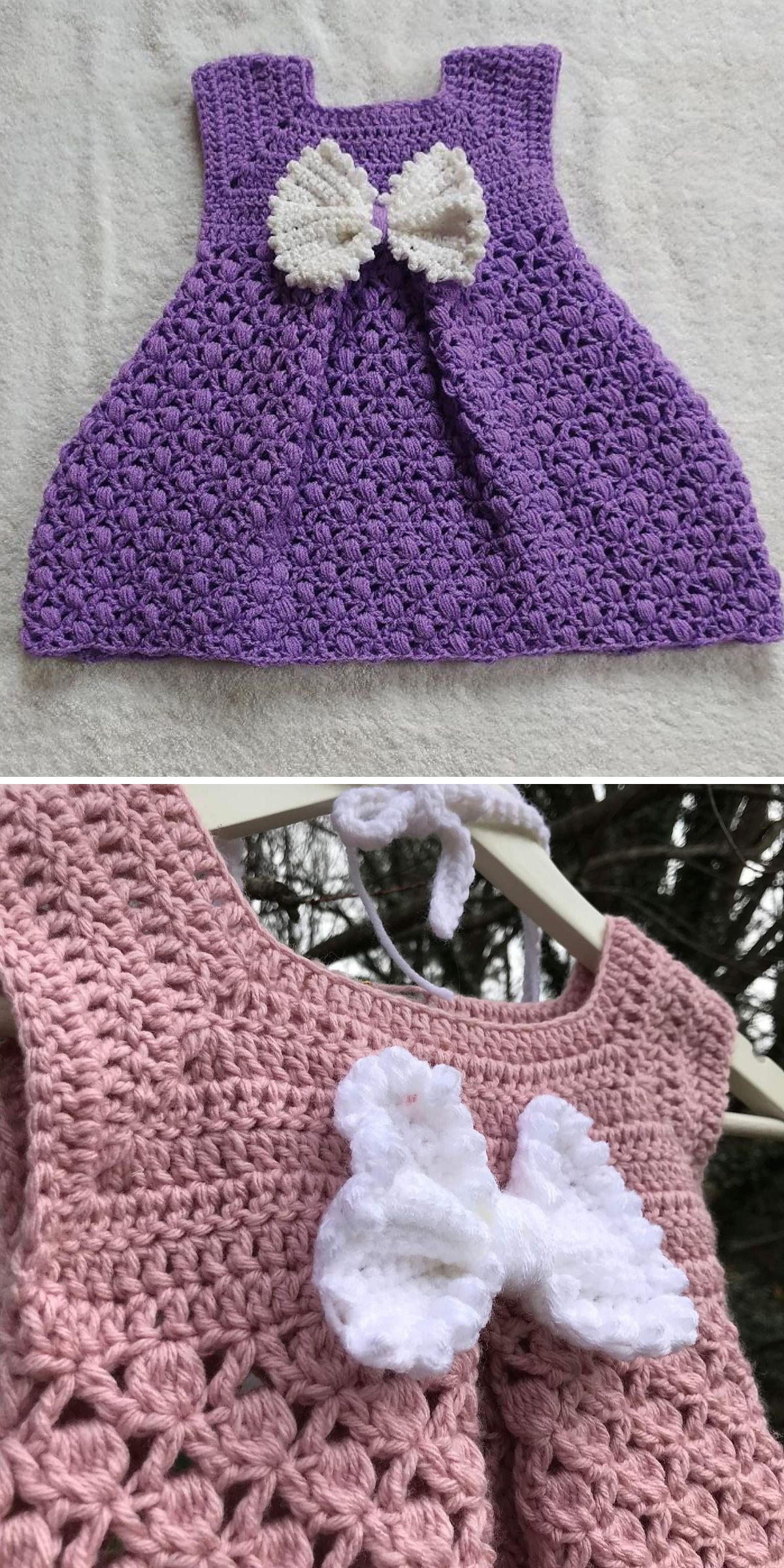 an elegant crochet baby dress with a bow embellishment