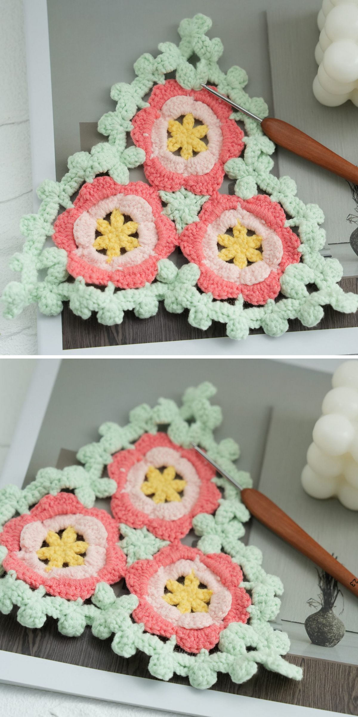 a triangular crochet flower motif in pastel colors