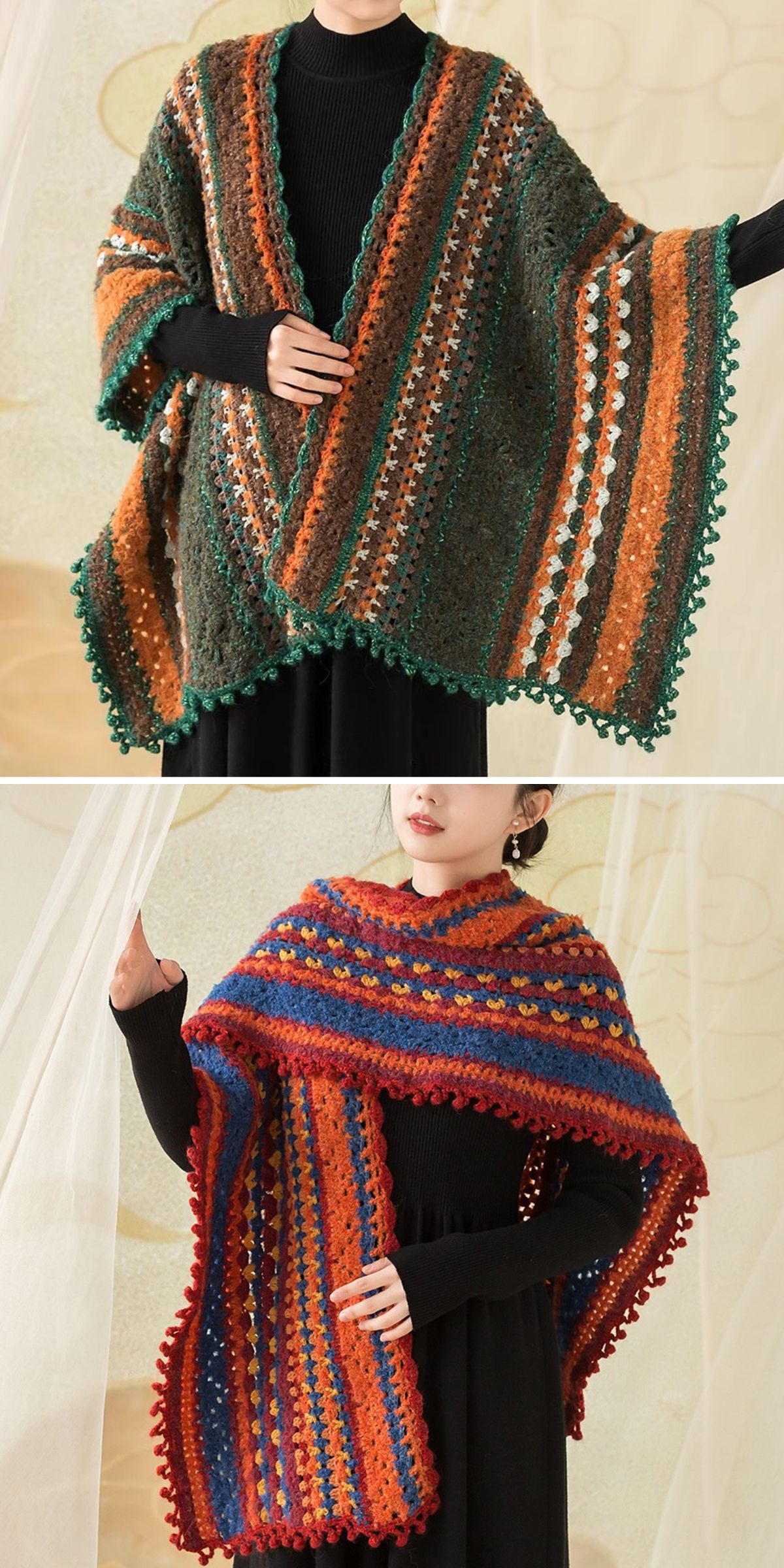 crochet wraps featuring intricate texture details and vibrant colors