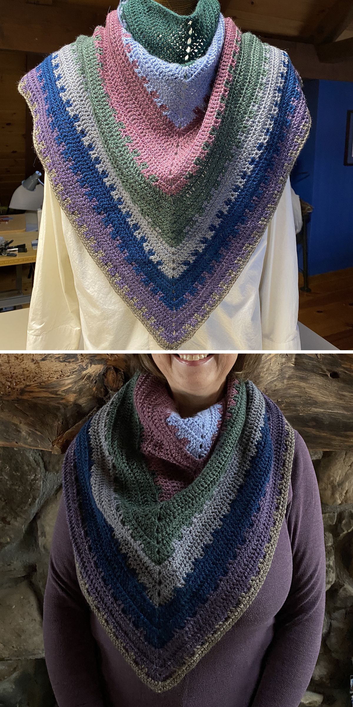a multicolred crochet triangular striped shawl