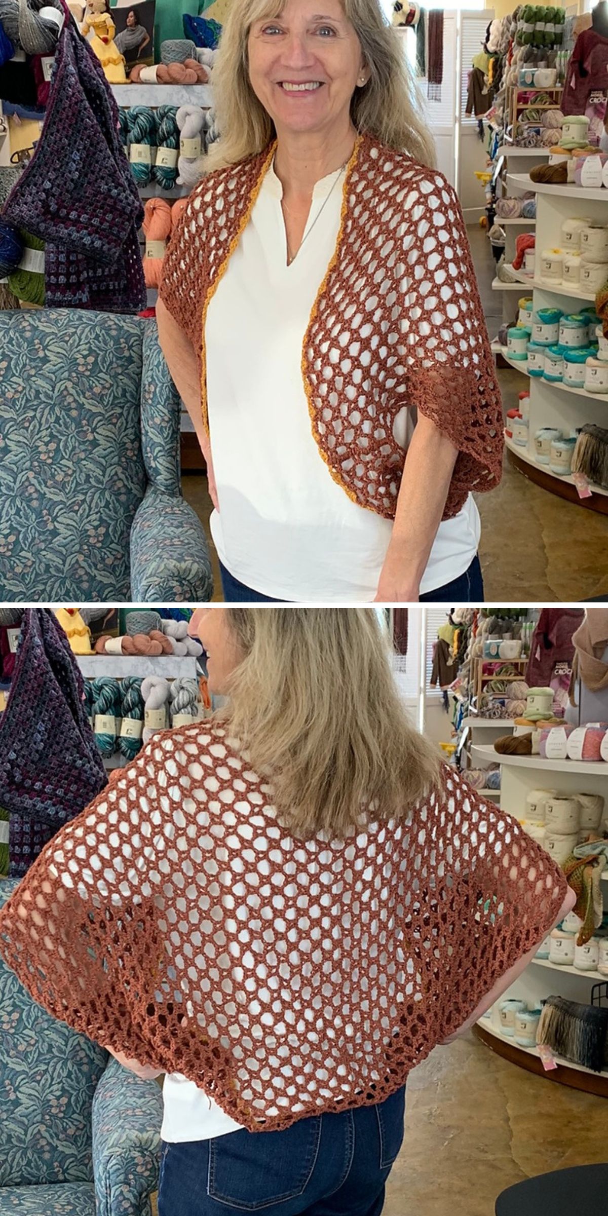 a brown crochet mesh bolero