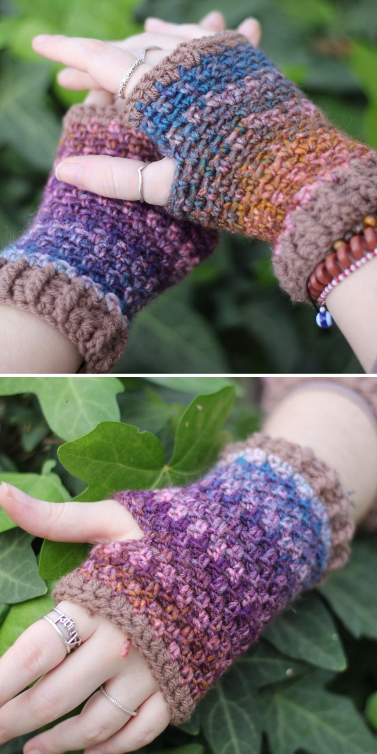 crochet fingerless gloves featuring an ombre colorway