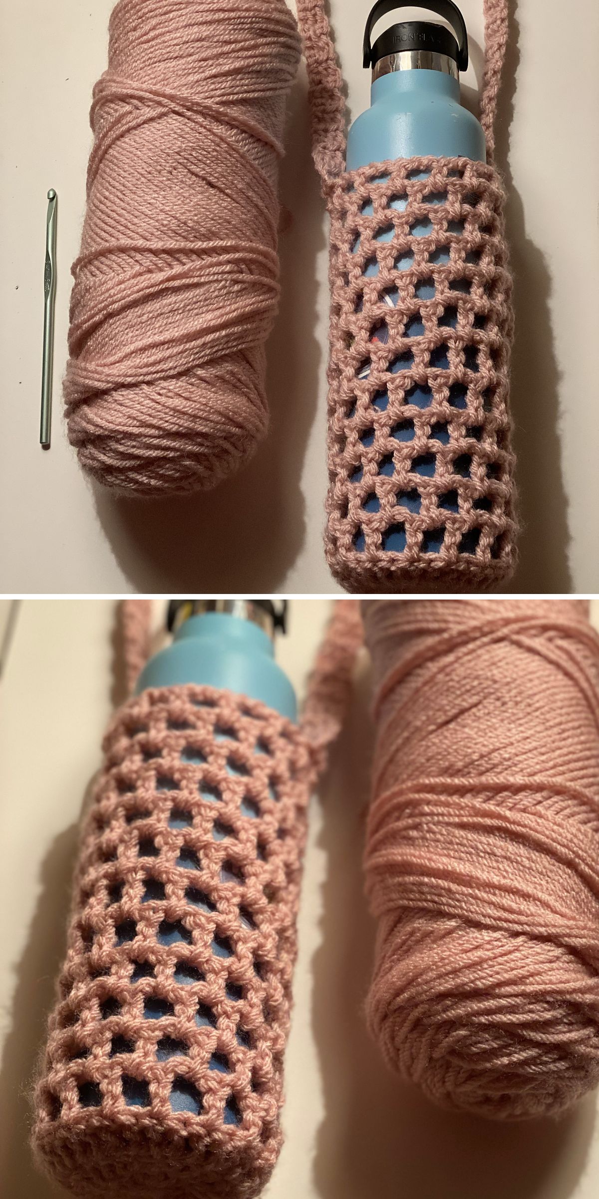 a brown crochet bottle holder with a mesh-like design
