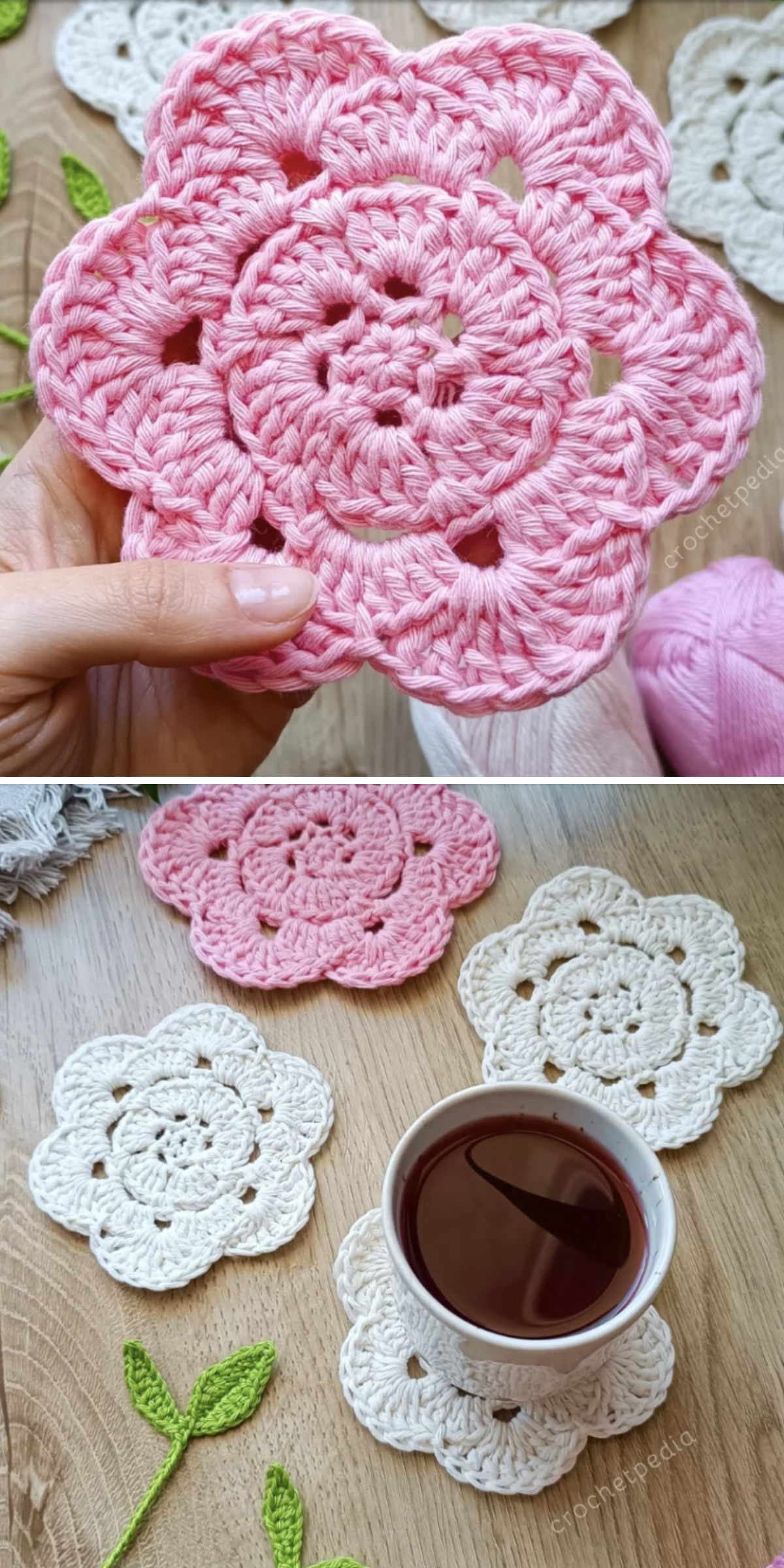 a set of crochet flower coasters in pink and in white