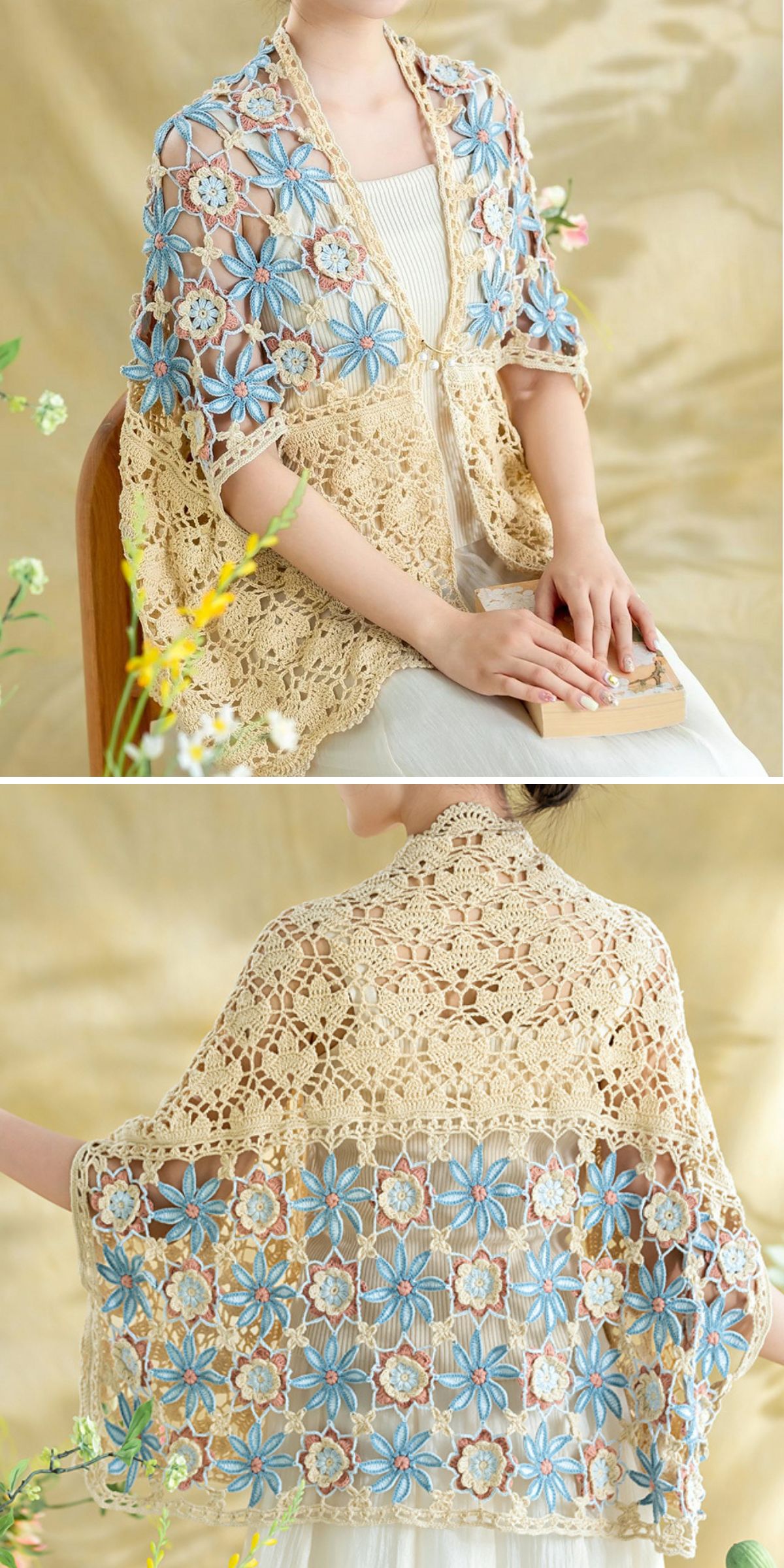 a crochet shawl made from detailed flower lace motifs