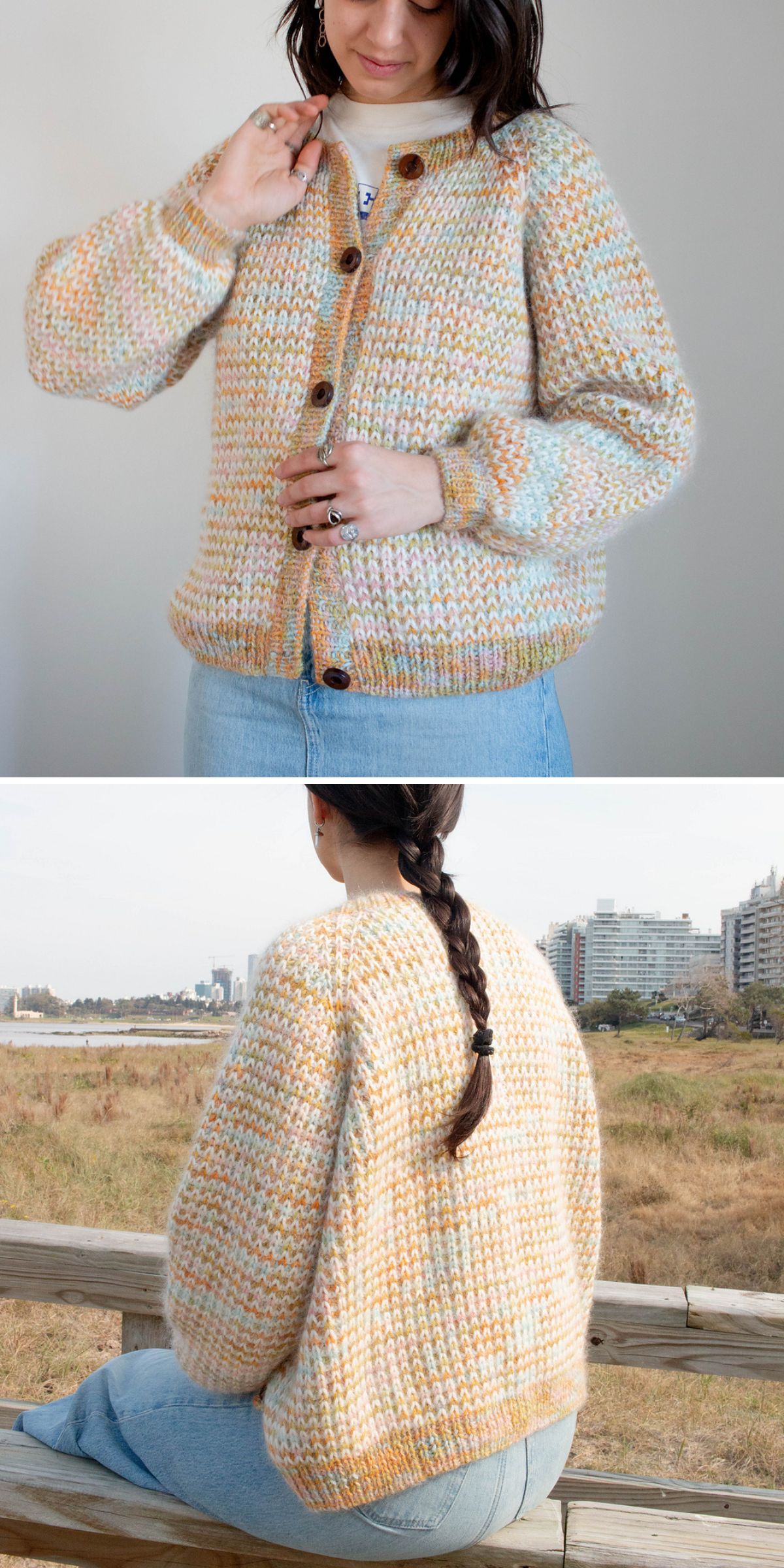 a handmade knitted cardigan with large buttons and colorful fabric