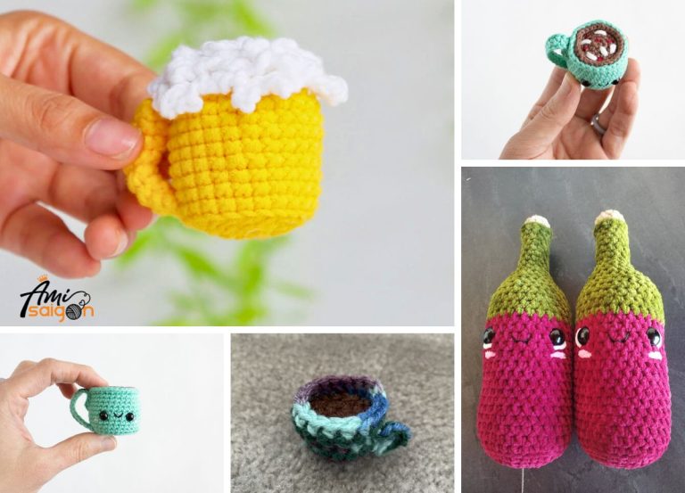 a collection of crocheted amigurumi cups and bottles