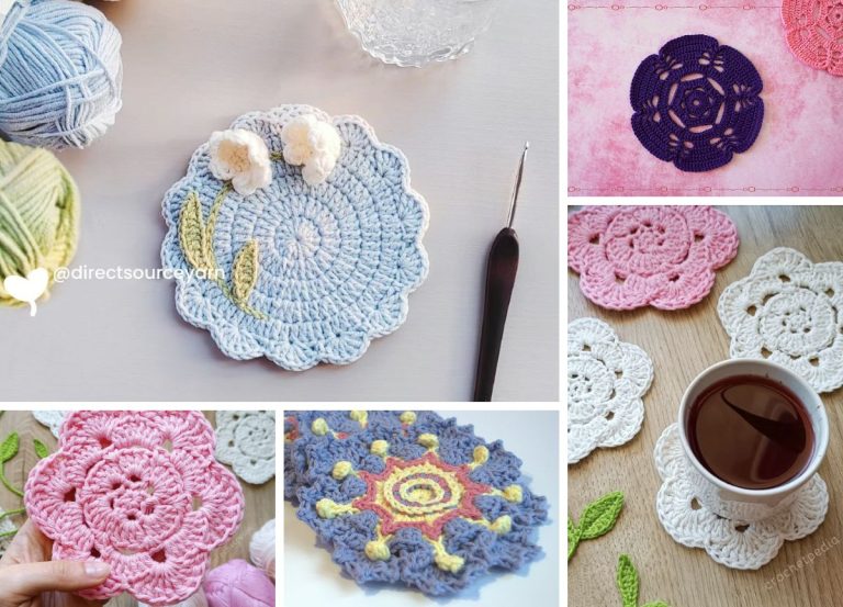 a collection of vibrant crochet flower coasters