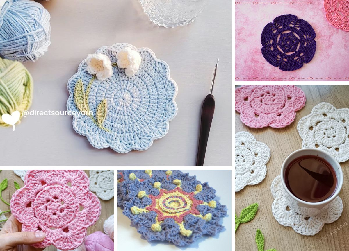 a collection of vibrant crochet flower coasters