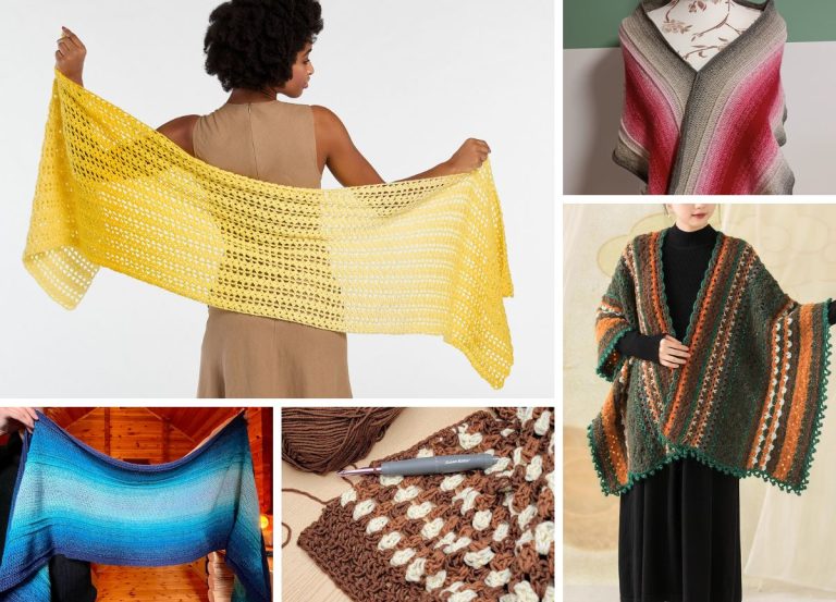 a collection of crochet wraps in different colors