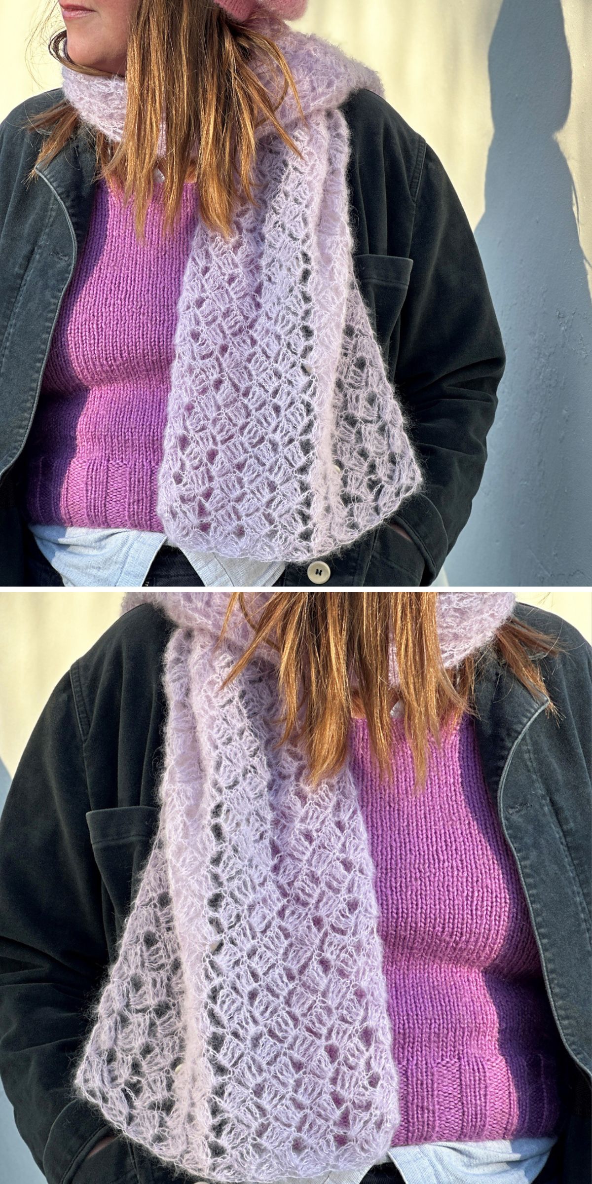 a light airy crochet wrap in a delicate lavender color