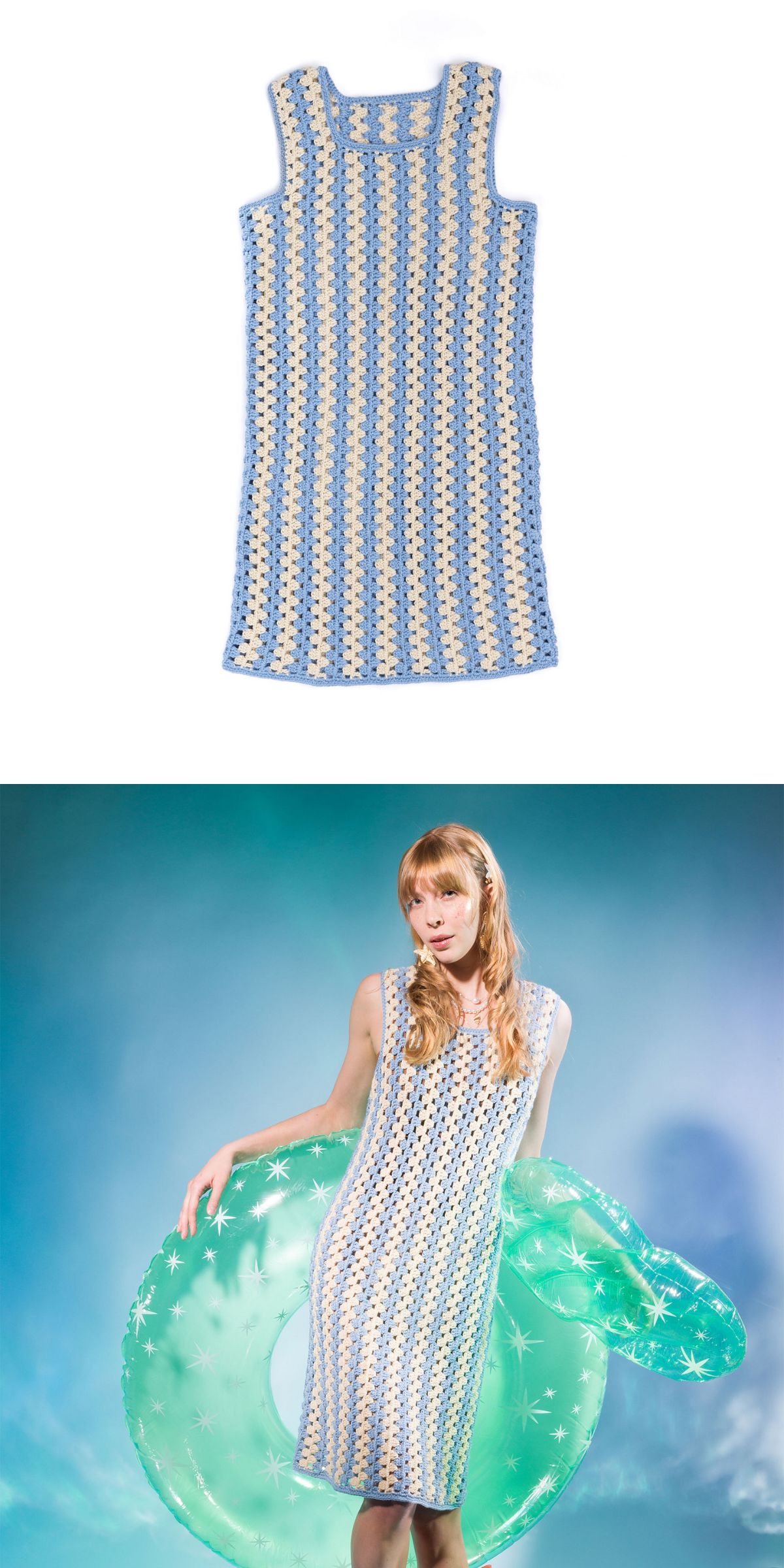 a striped crochet tank dress made with granny stitches in blue and beige colors