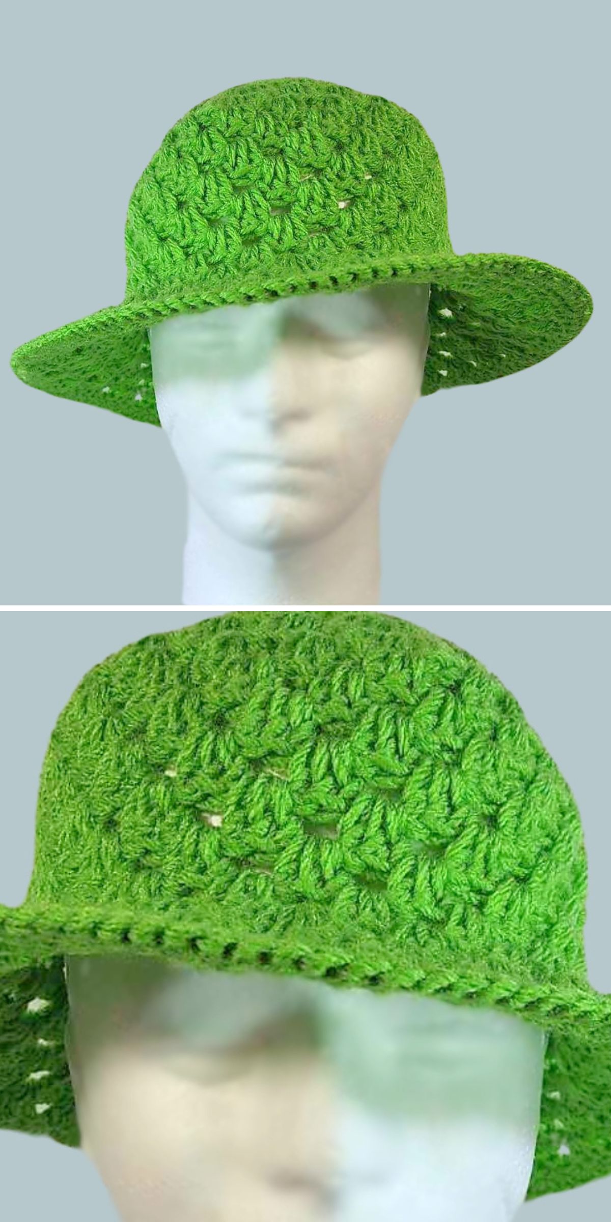 a green granny stitched crochet bucket hat